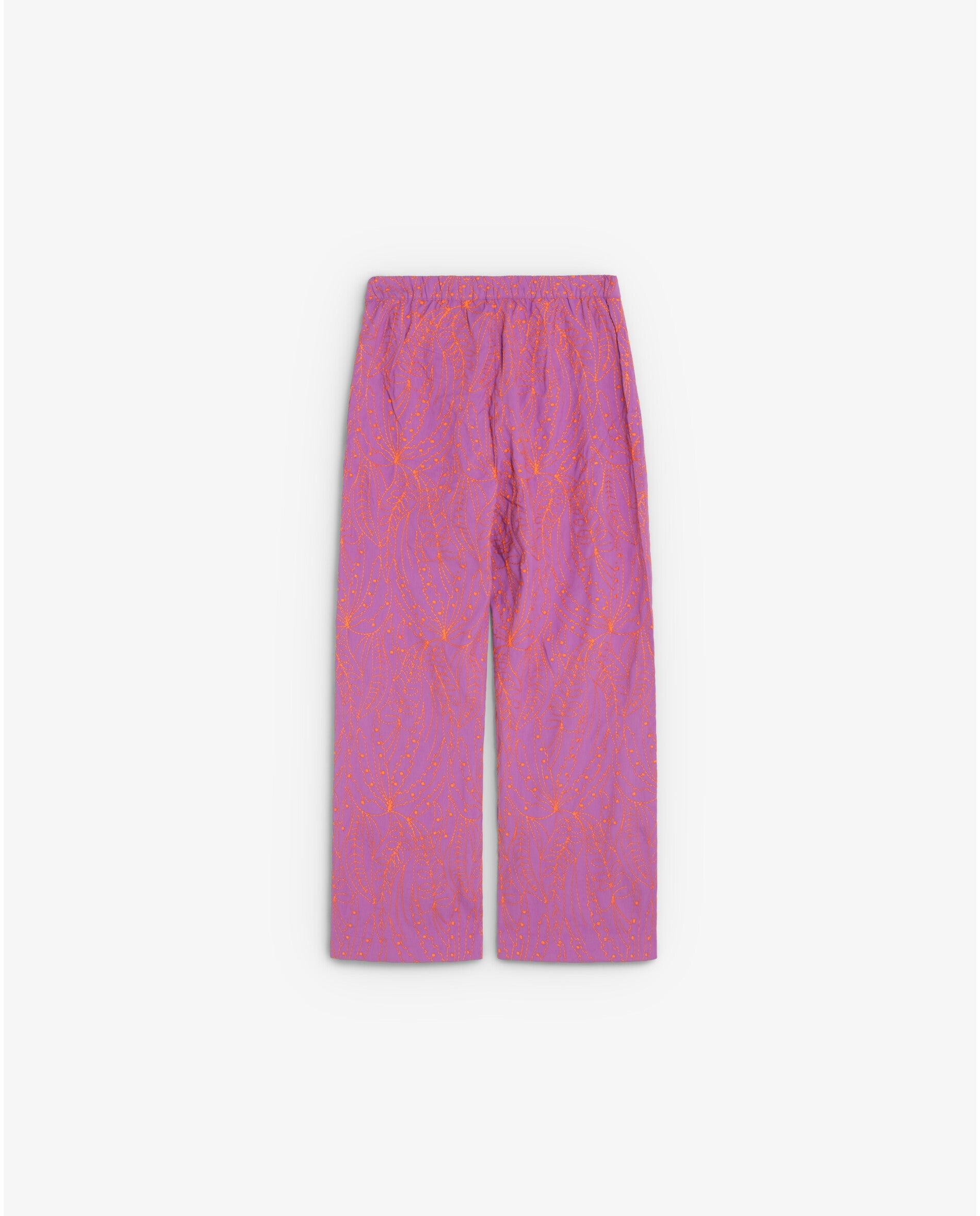 Calças Fluídas com Bordado Floral Lilás-2