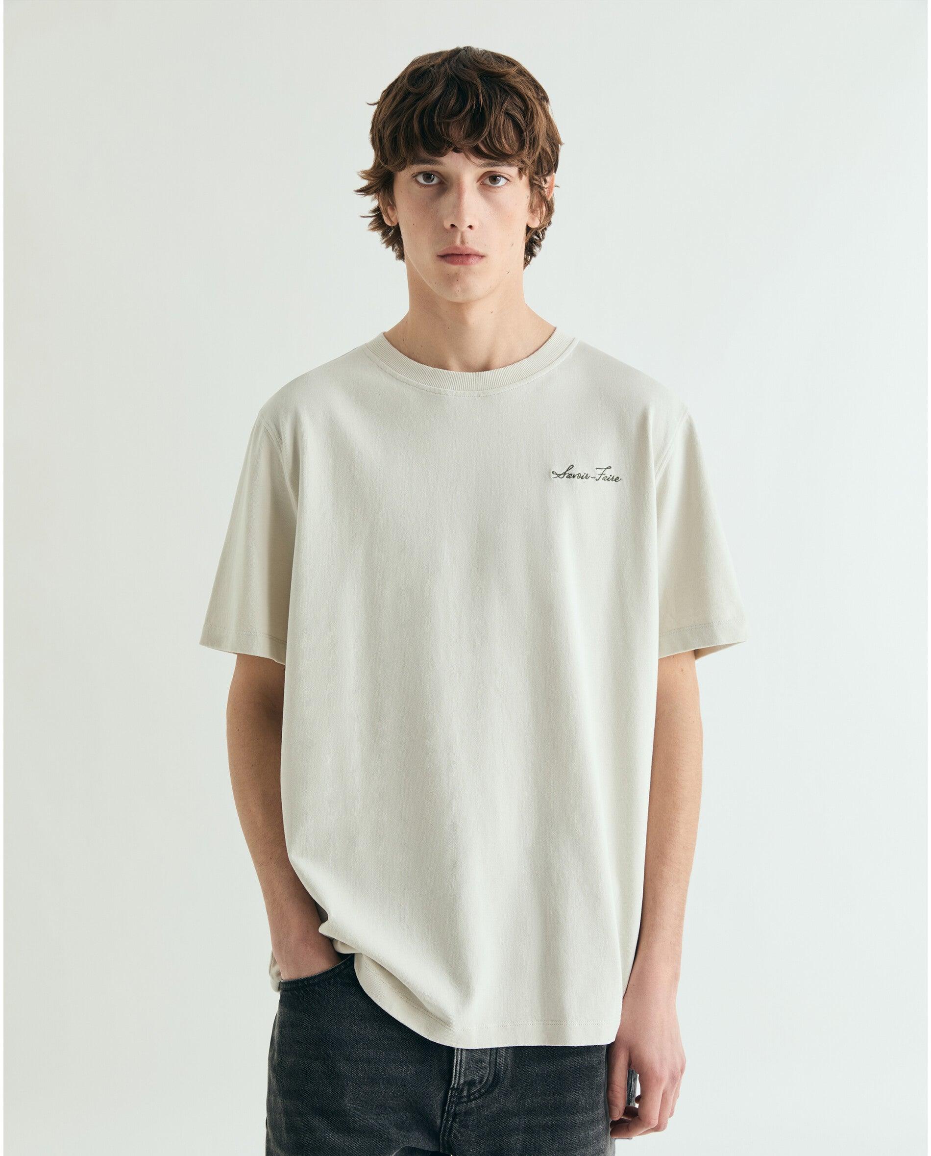 T-shirt com Print Posterior de Manga Curta Bege-1