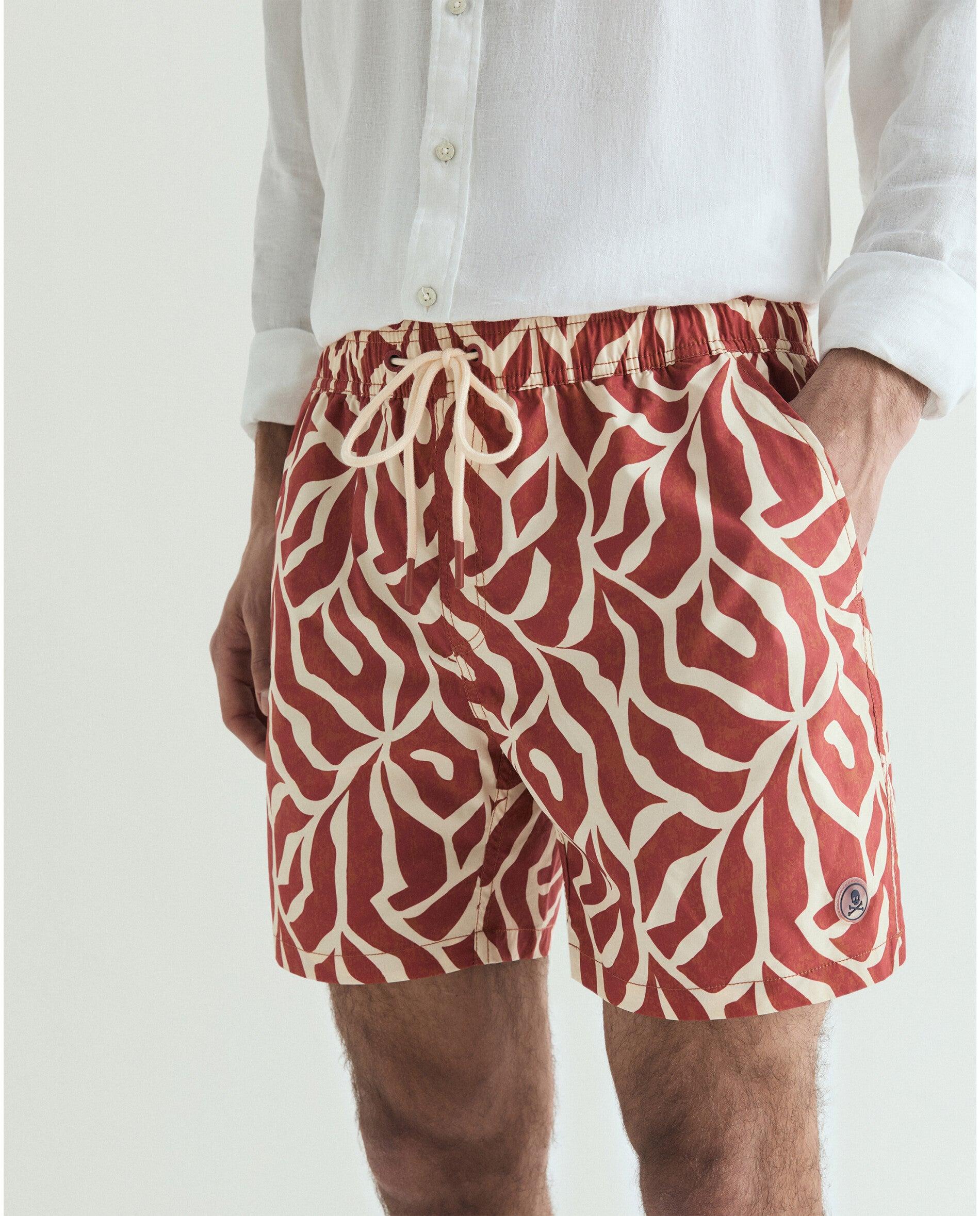 Fato de Banho Bermuda Estampado com Bolso Posterior Terracota-2