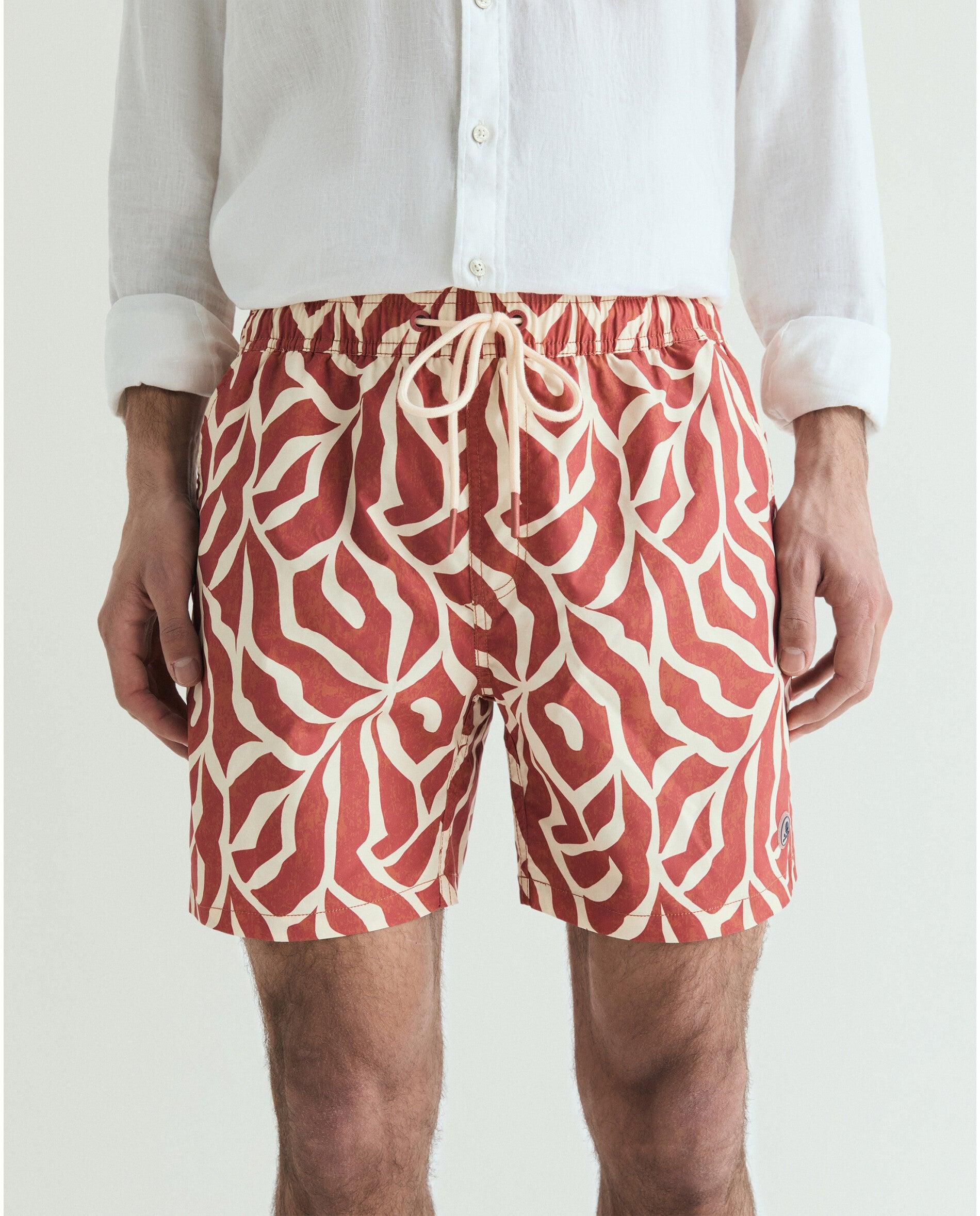 Fato de Banho Bermuda Estampado com Bolso Posterior Terracota-4
