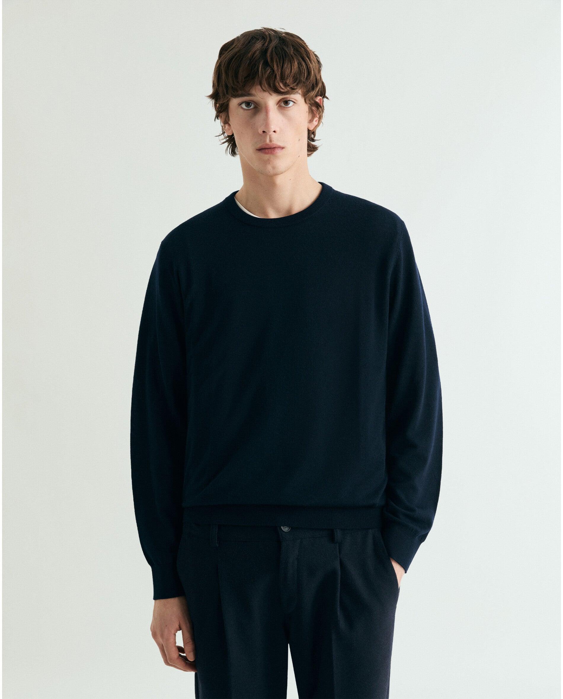 Camisola de Lã Merino com Gola Redonda Navy-1