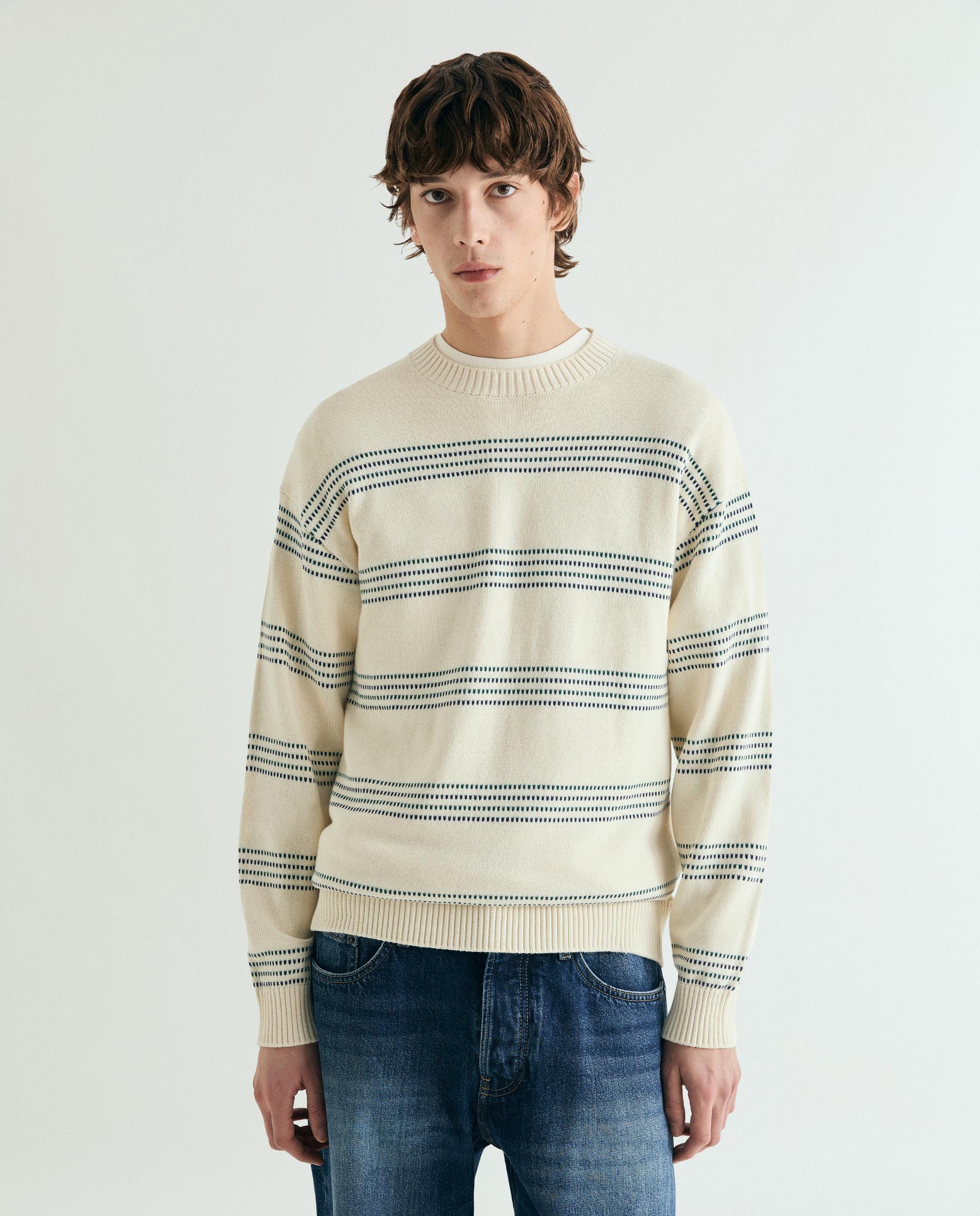 Camisola com Riscas e Gola Redonda Branco-1