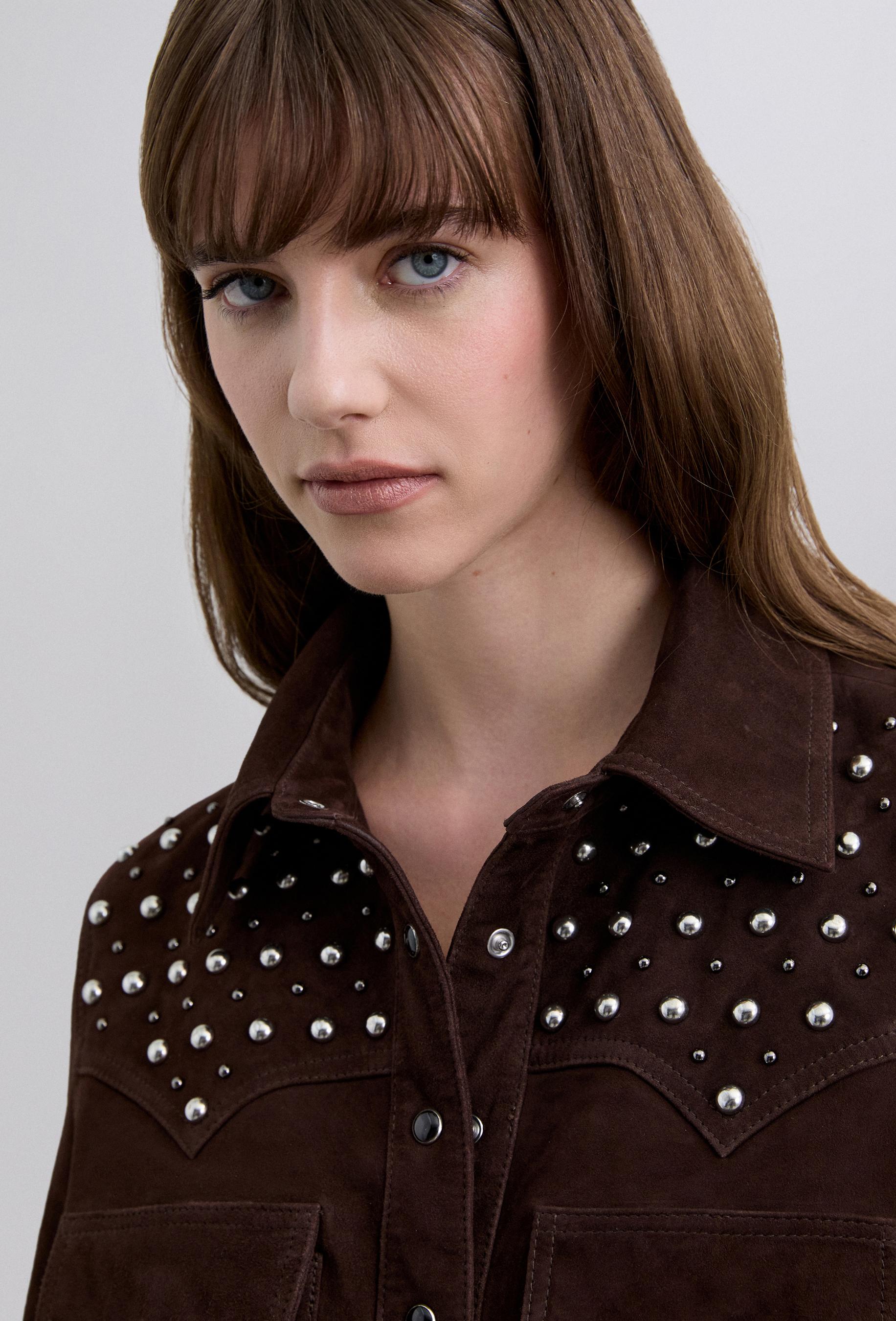 Sobrecamisa de Pele com Tachas Castanho-escuro-4