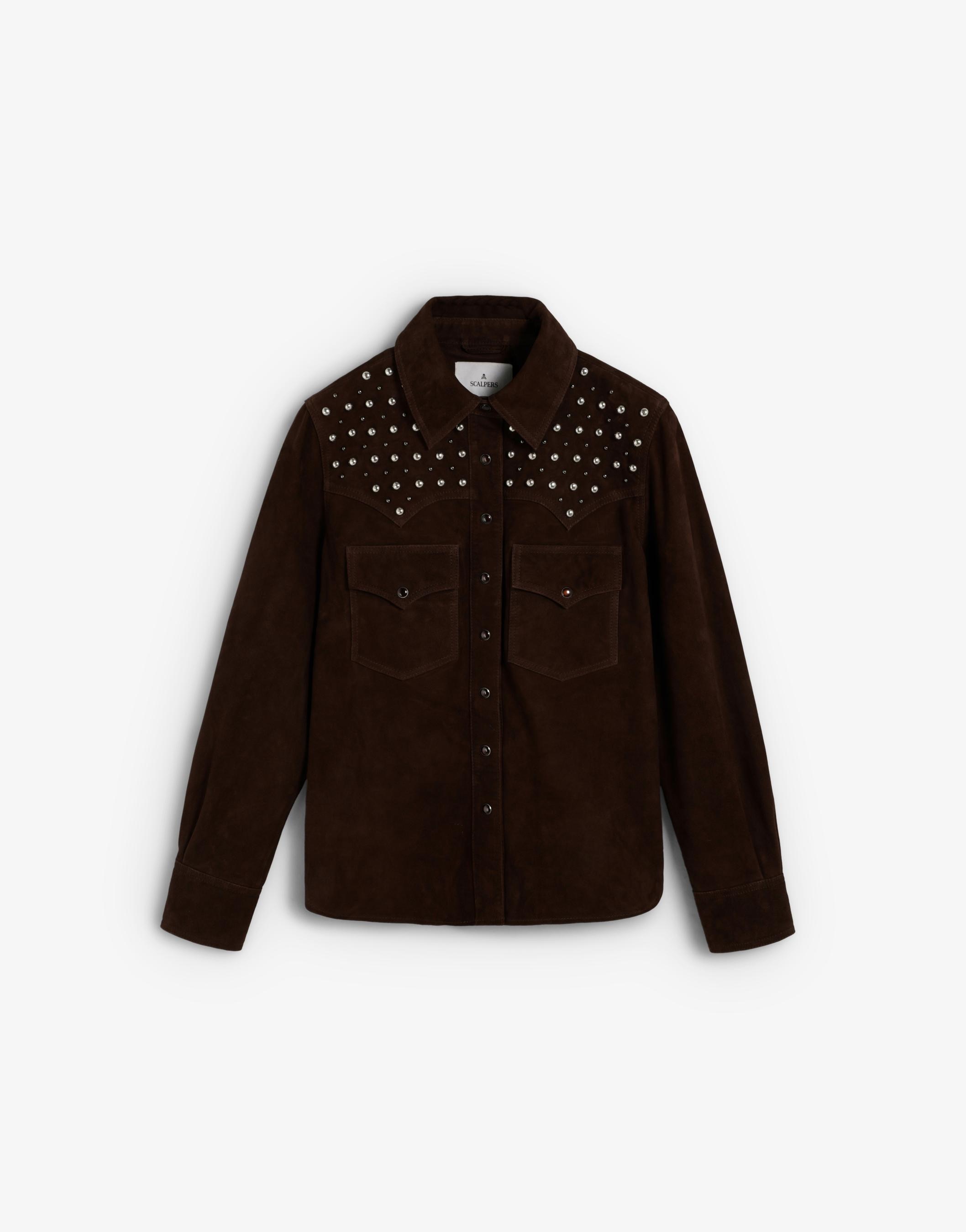 Sobrecamisa de Pele com Tachas Castanho-escuro-5