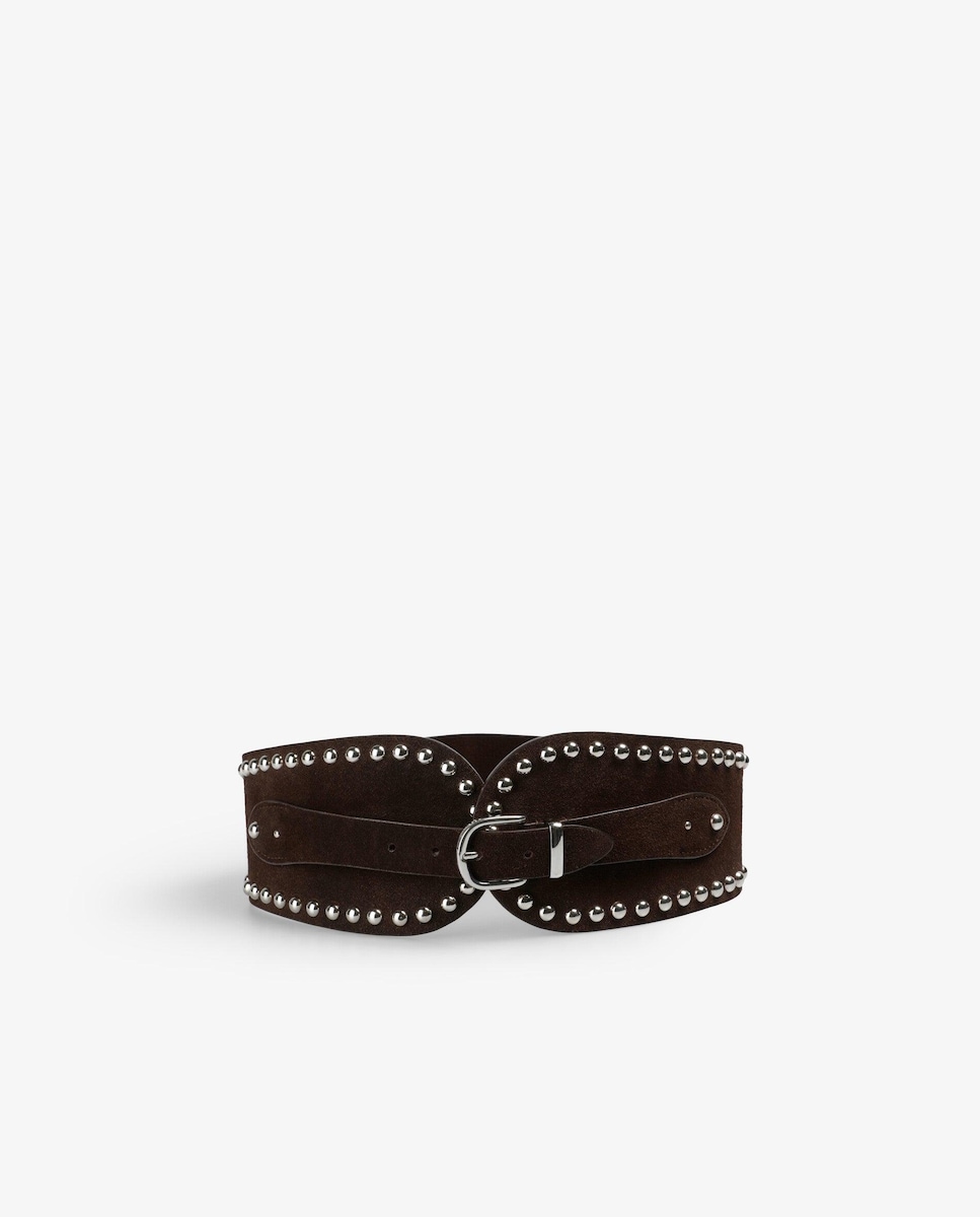 Cinto com Fivela Largo de Pele com Tachas Castanho-escuro-2