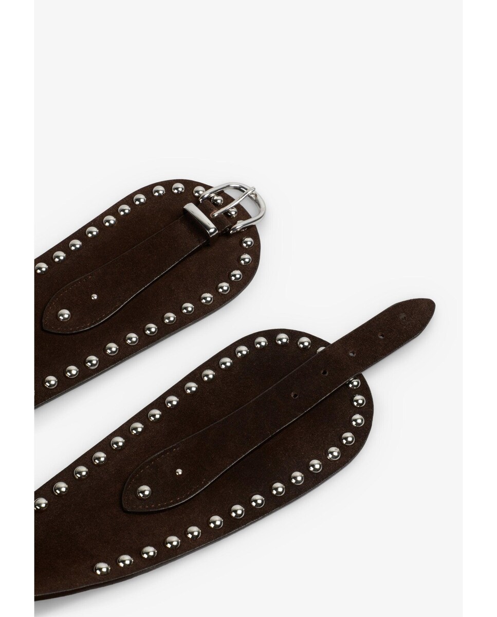 Cinto com Fivela Largo de Pele com Tachas Castanho-escuro-4