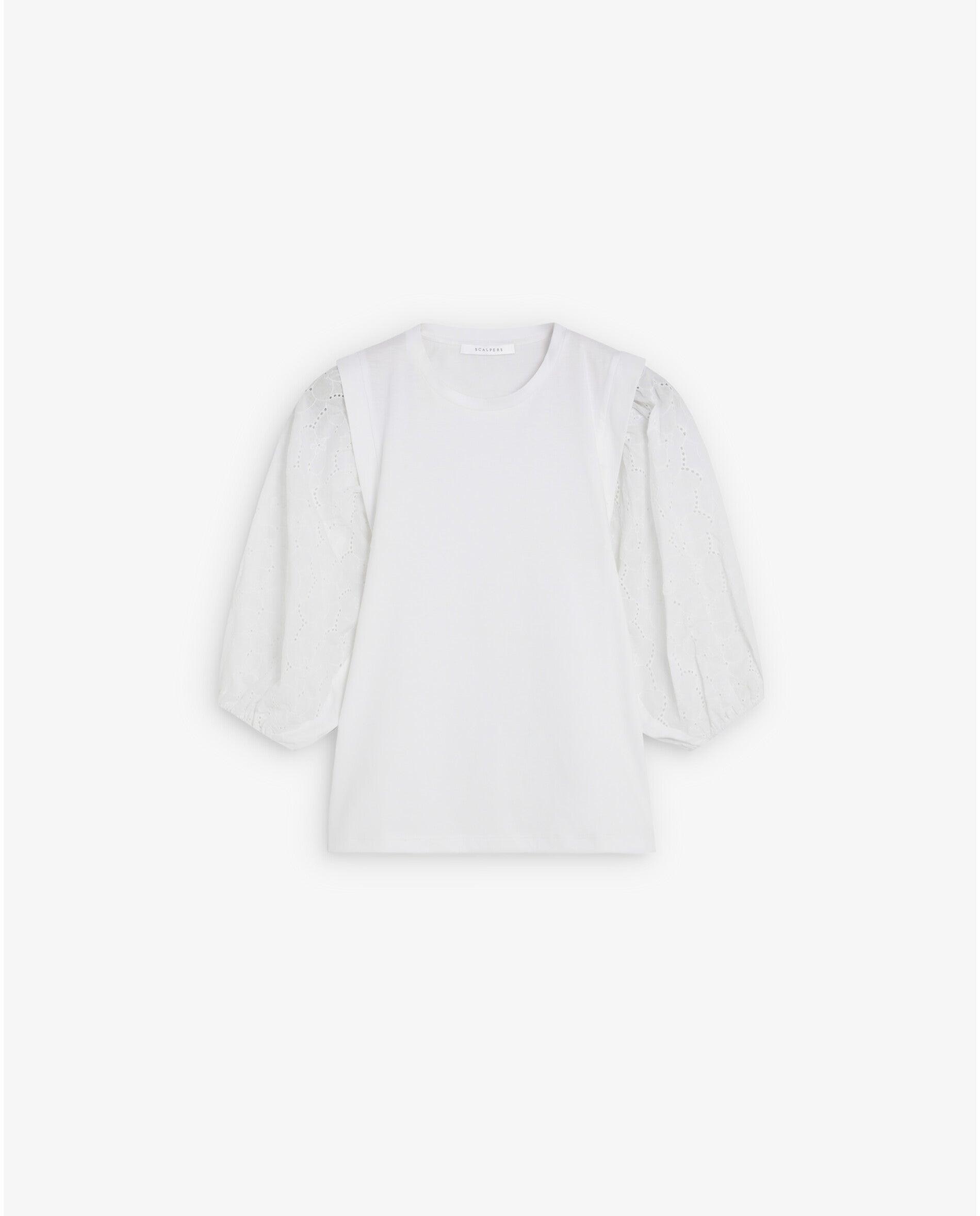 T-shirt com Mangas Abalonadas e Detalhes Perfurados Branco-4