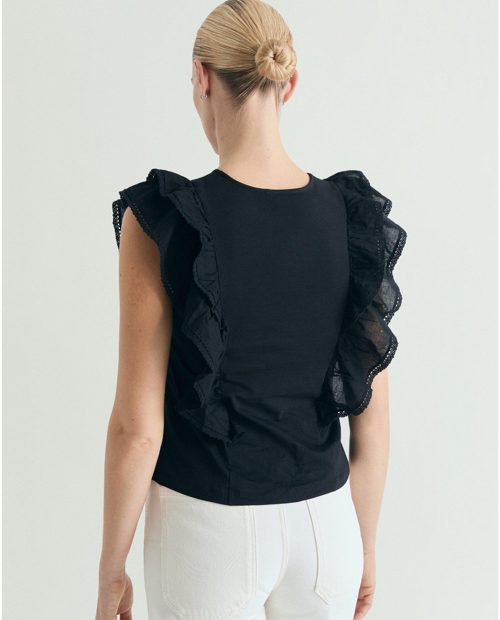 T-shirt Relaxed Fit com Folhos Preto-2