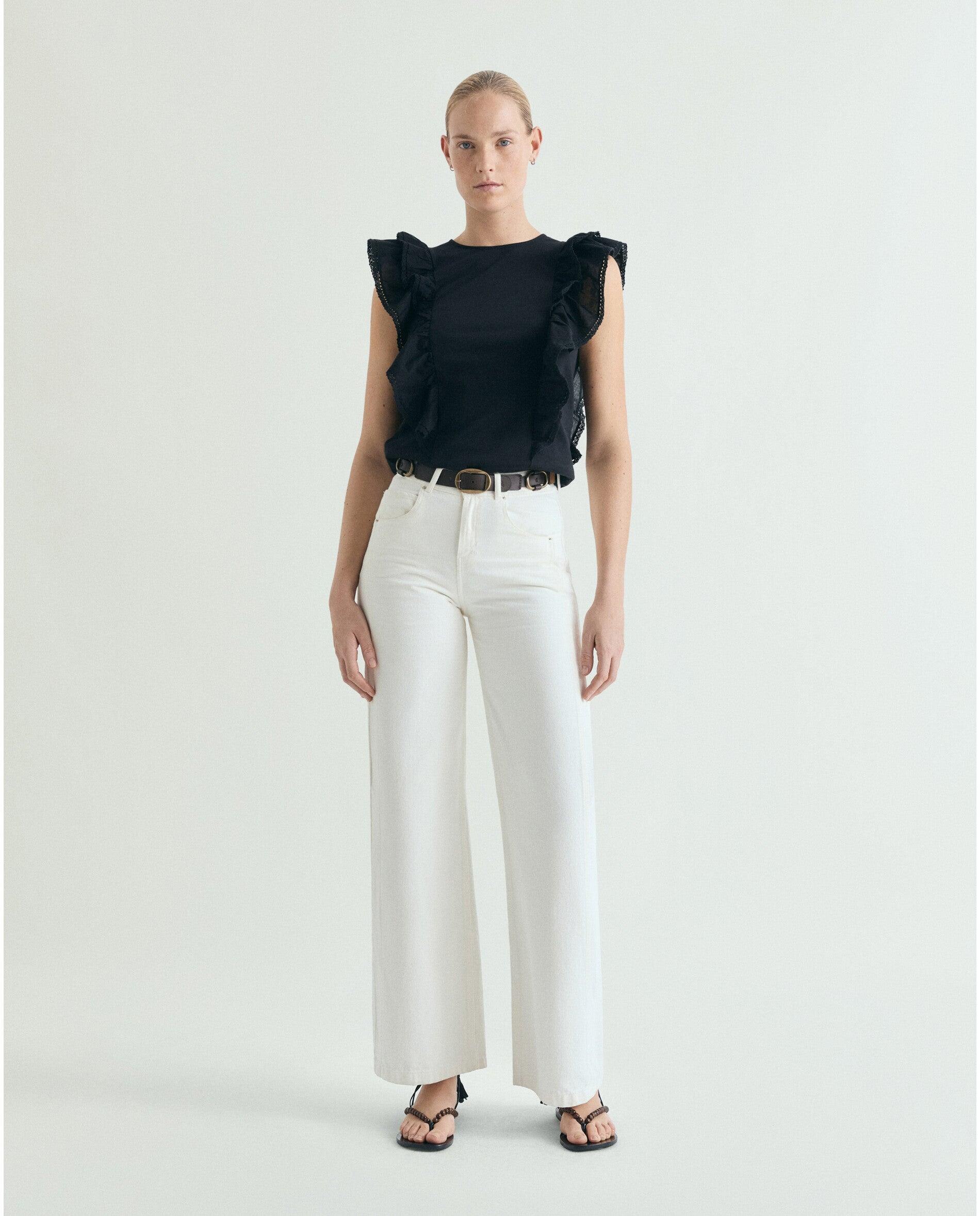 T-shirt Relaxed Fit com Folhos Preto-3