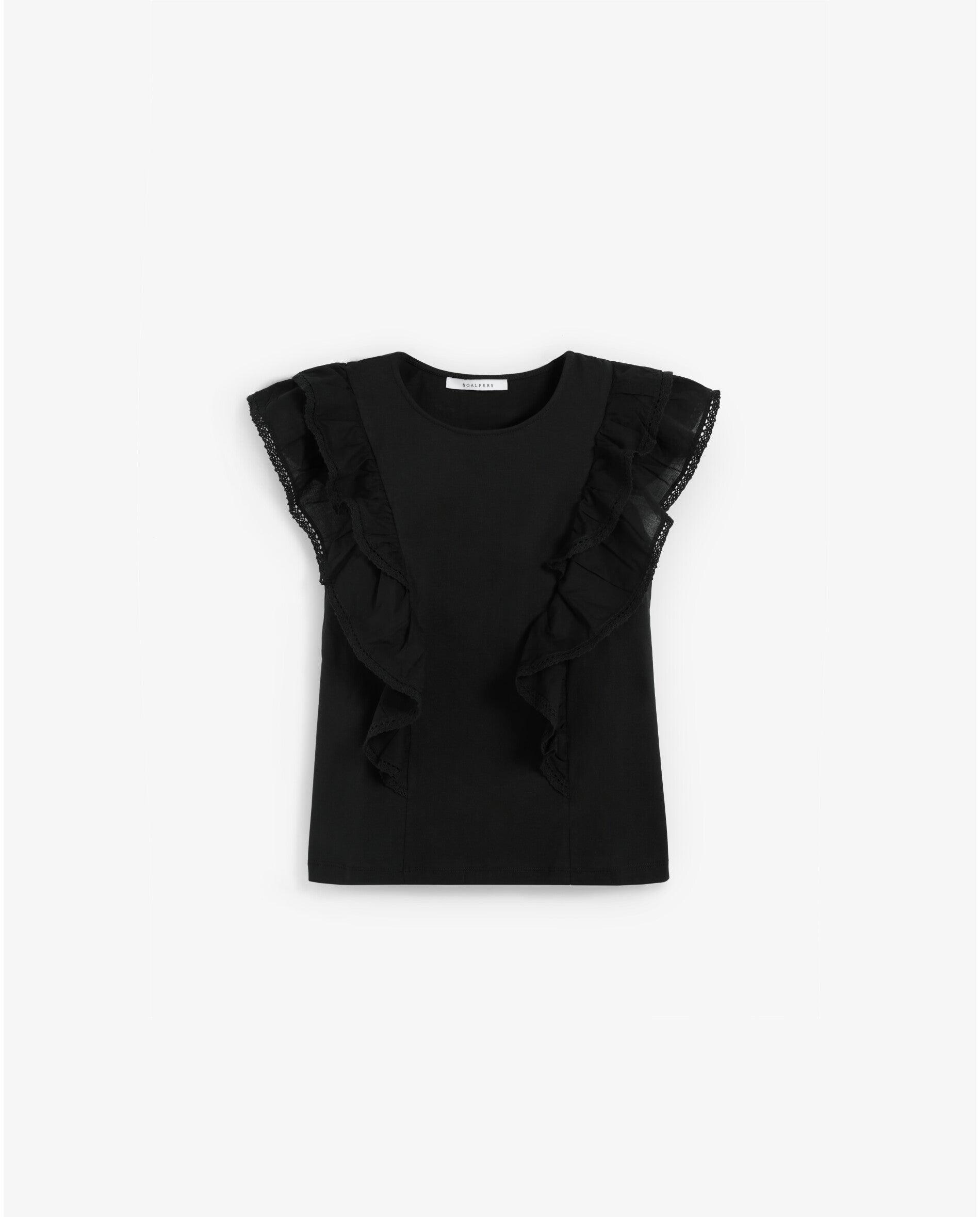 T-shirt Relaxed Fit com Folhos Preto-4