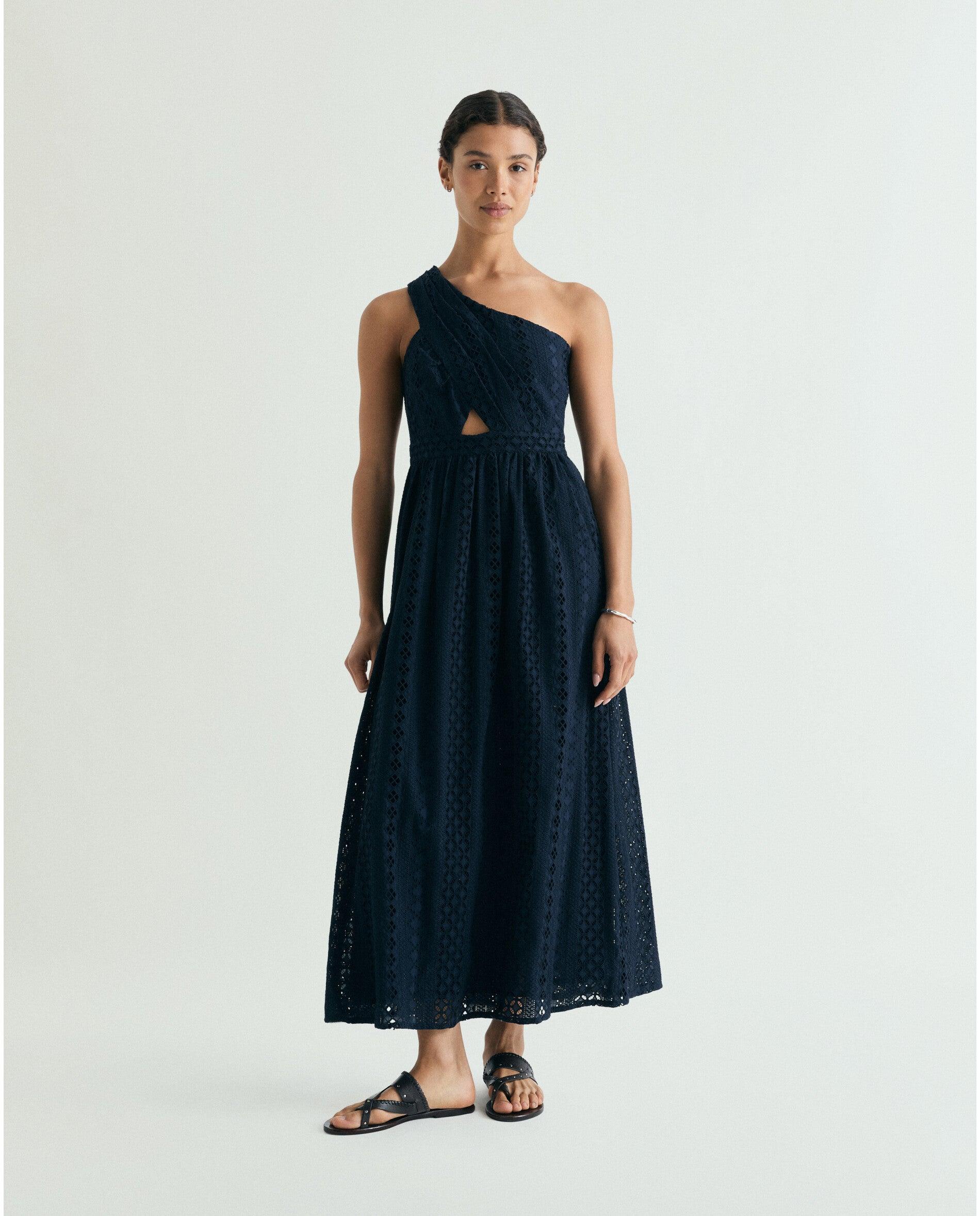 Imagem 0 de Vestido Midi em Tecido Bordado de Corte Assimétrico