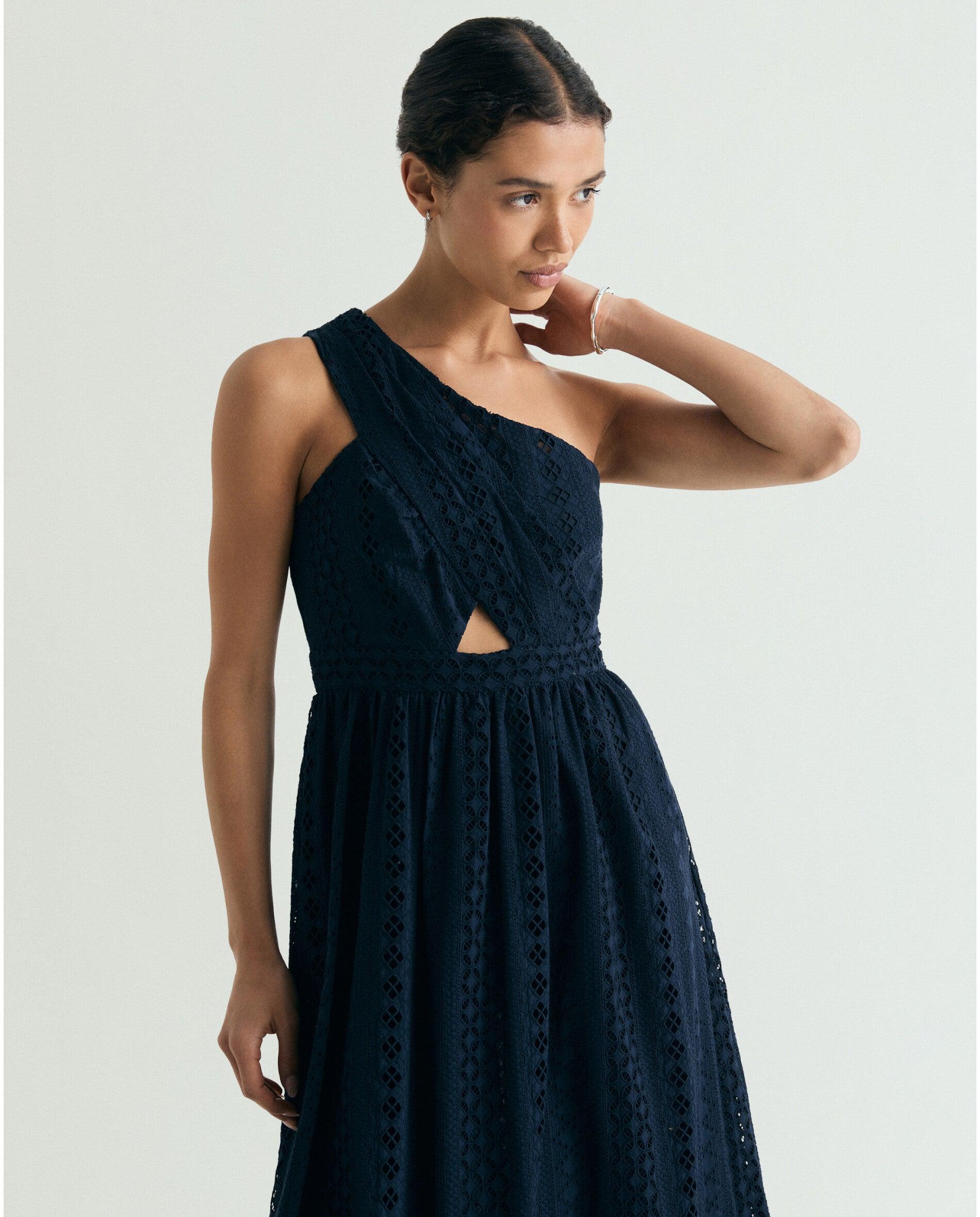 Vestido Midi em Tecido Bordado de Corte Assimétrico Navy-2