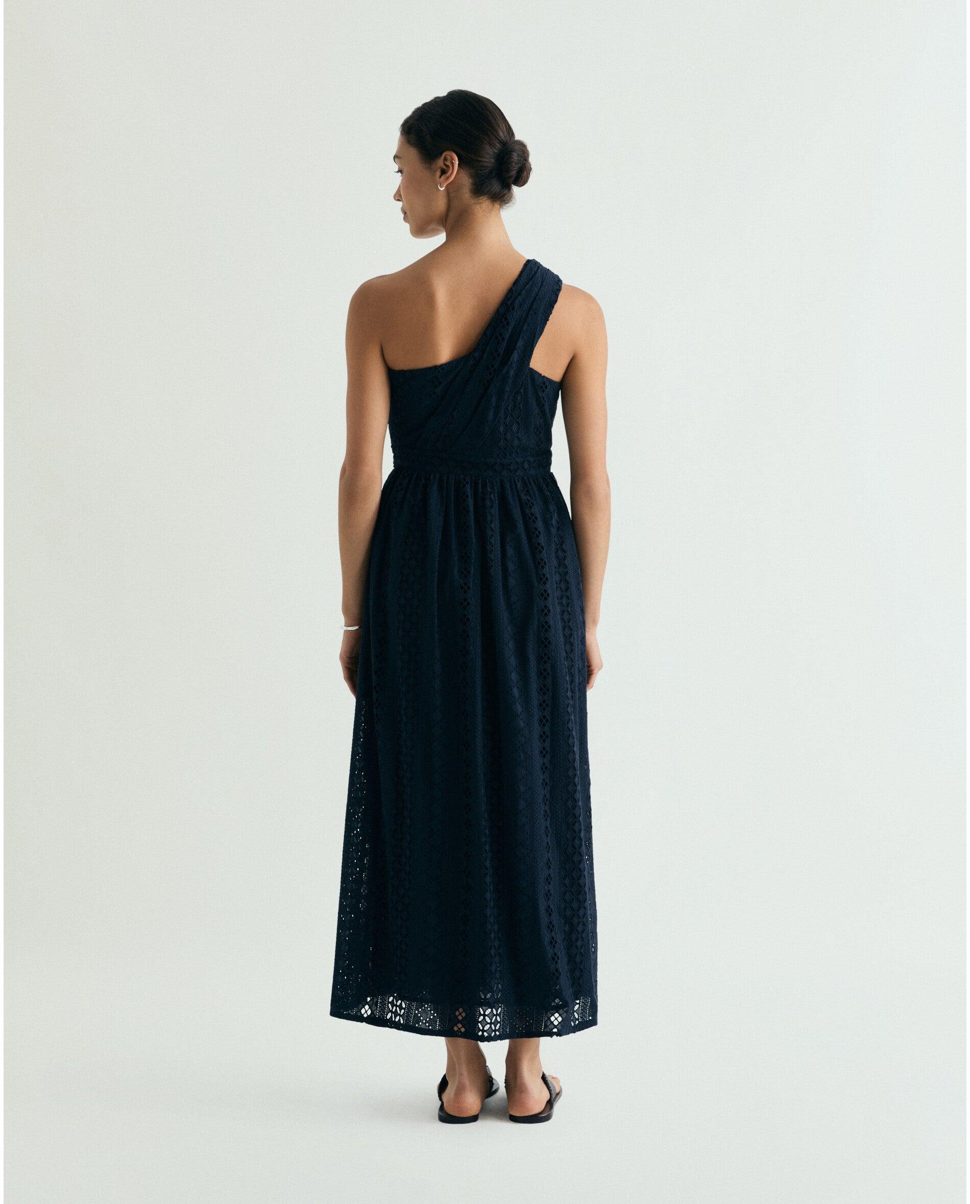 Vestido Midi em Tecido Bordado de Corte Assimétrico Navy-3