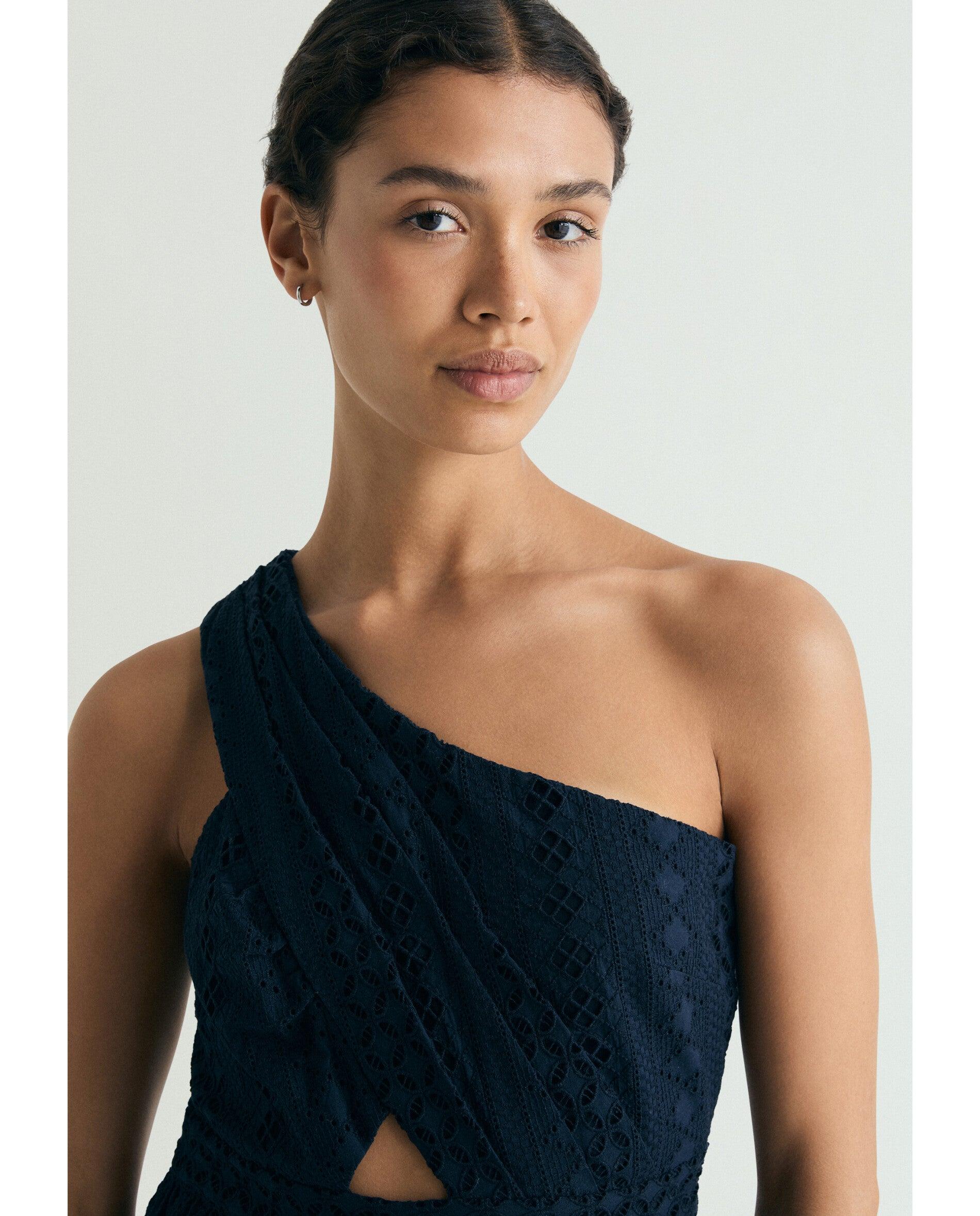 Vestido Midi em Tecido Bordado de Corte Assimétrico Navy-4