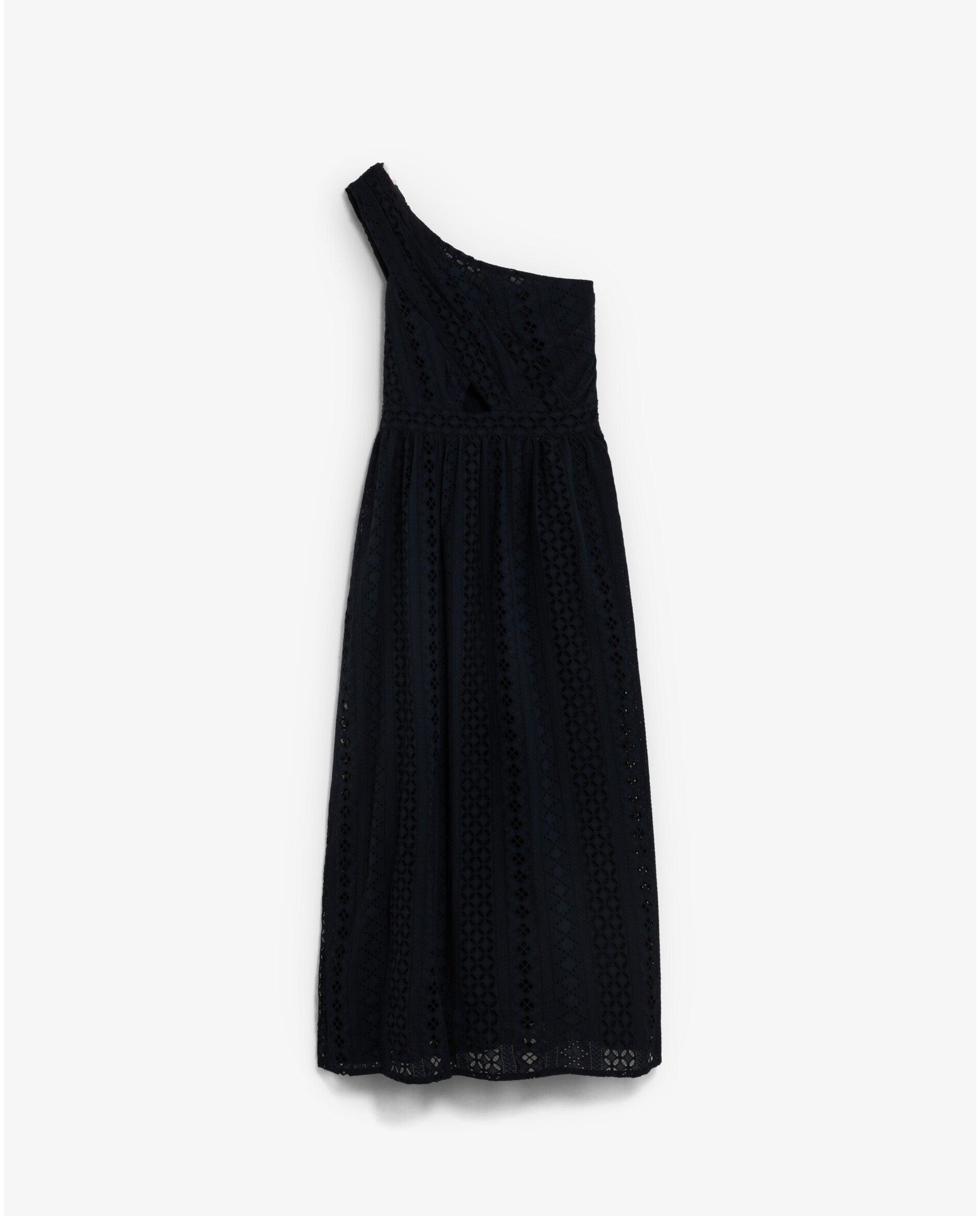 Vestido Midi em Tecido Bordado de Corte Assimétrico Navy-5