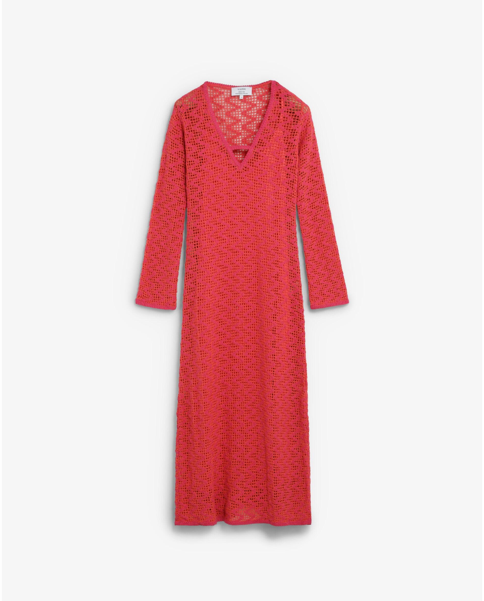 Vestido em Crochet com Forro de Manga Comprida Coral-5