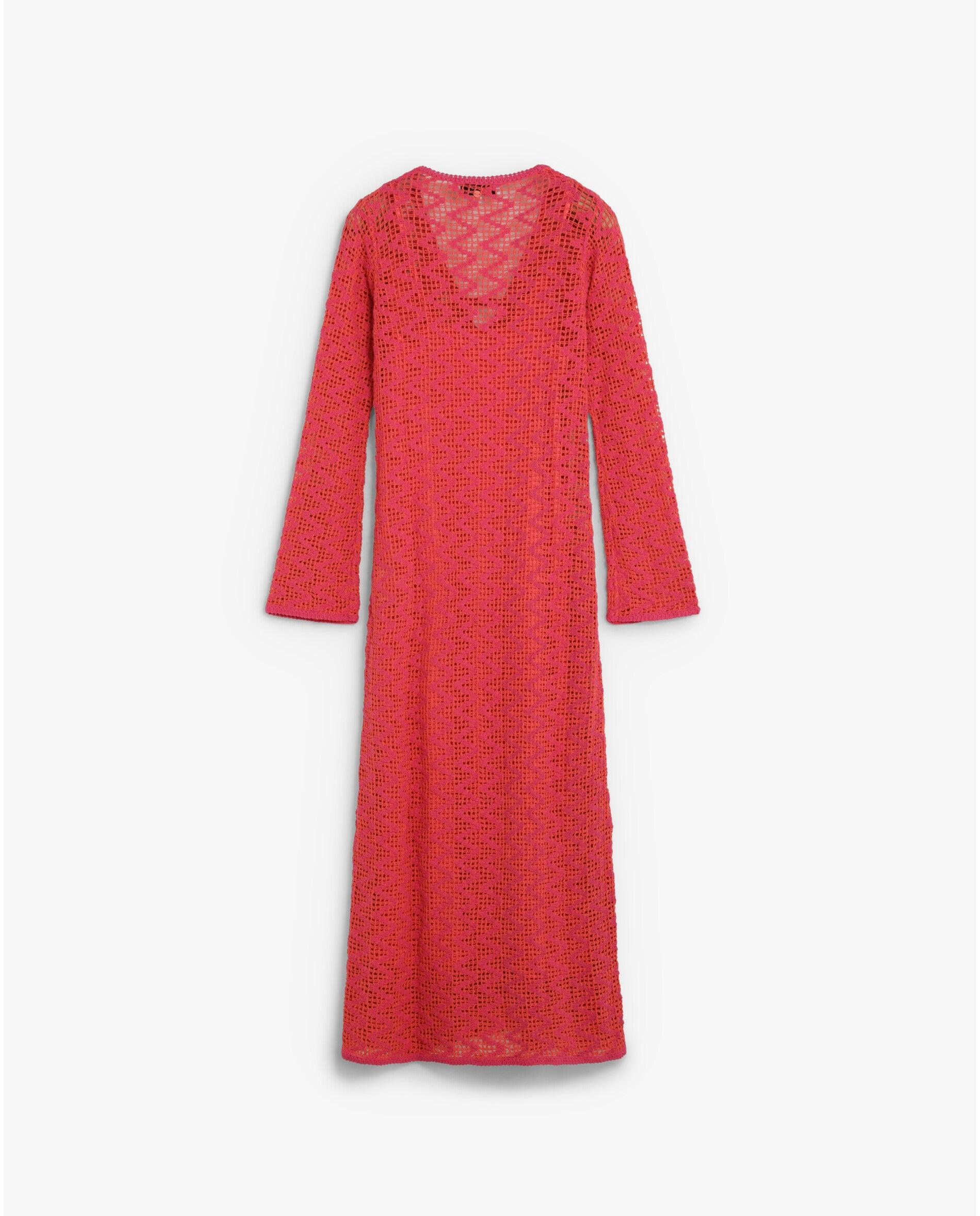 Vestido em Crochet com Forro de Manga Comprida Coral-6
