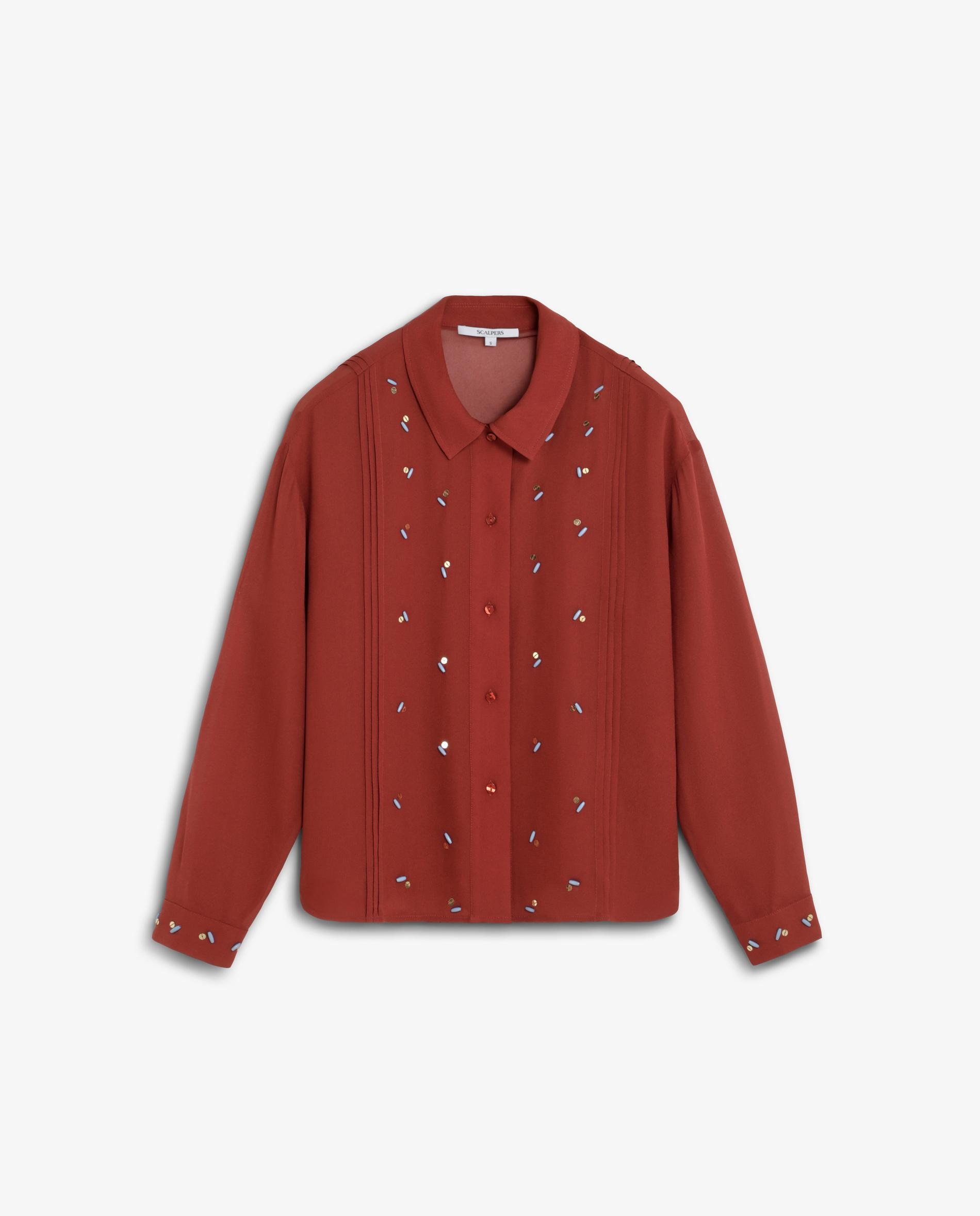 Camisa com Plissados e Apliques Decorativos Terracota-4