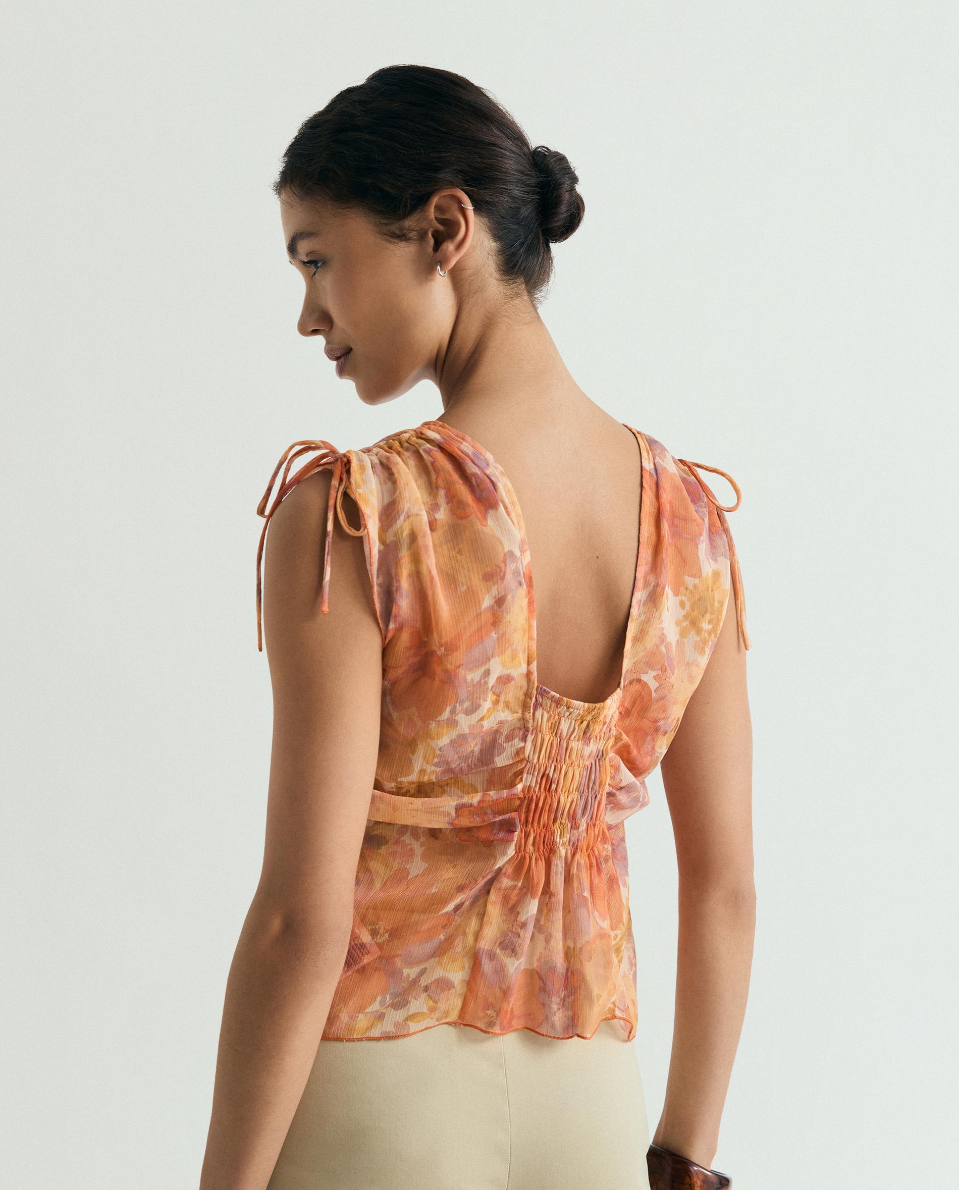 Blusa Estampada com Detalhes Franzidos Pêssego-2