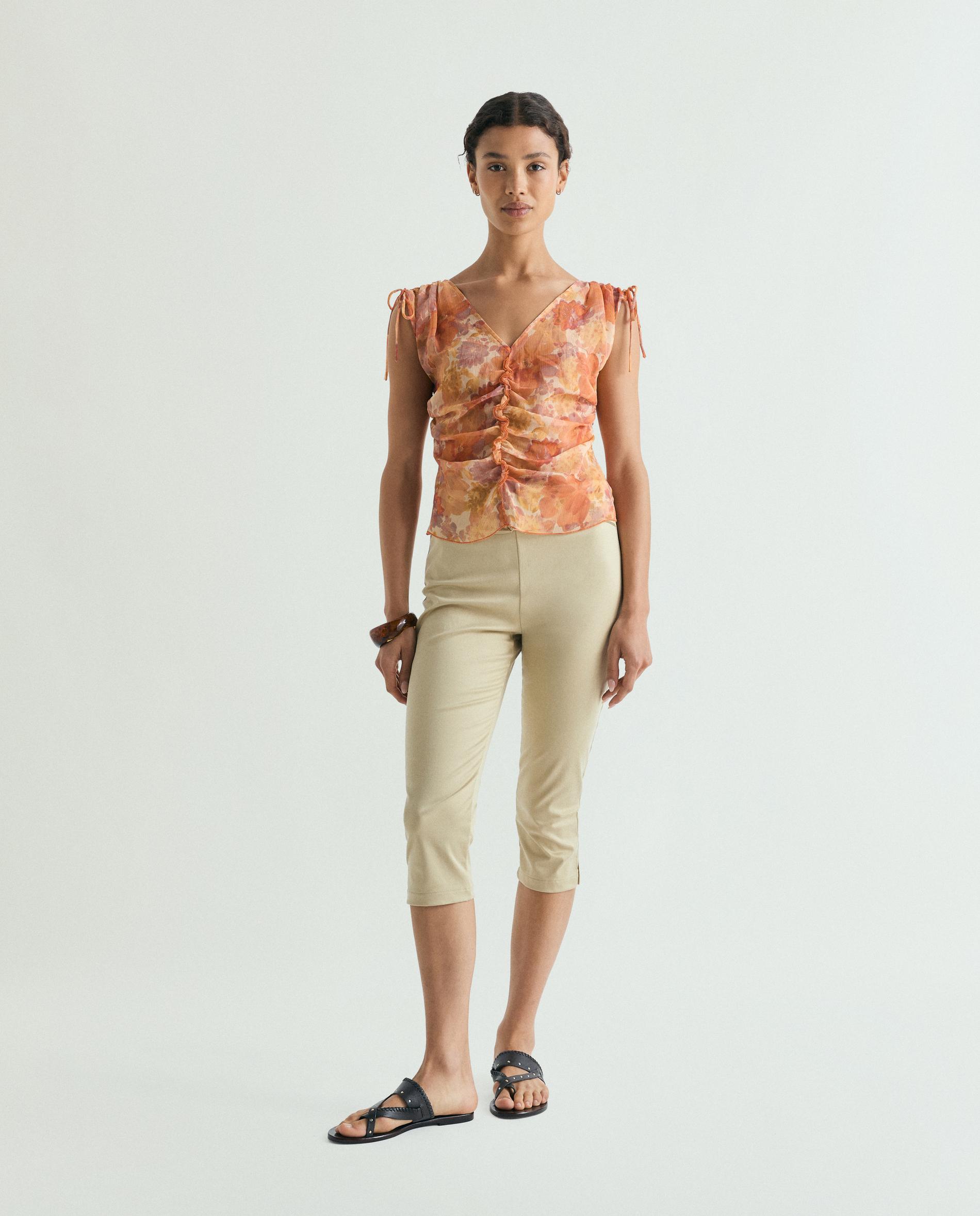 Blusa Estampada com Detalhes Franzidos Pêssego-3