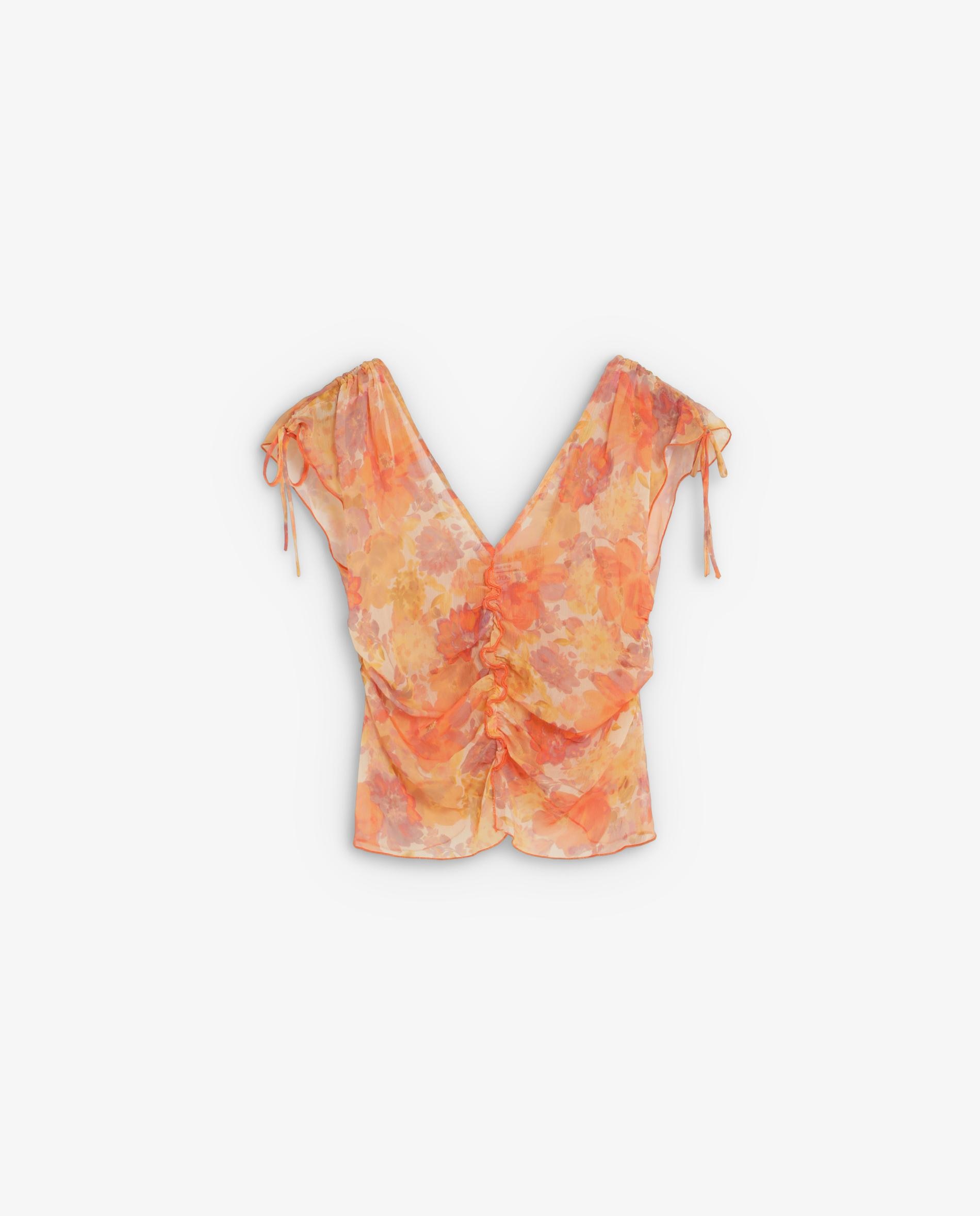 Blusa Estampada com Detalhes Franzidos Pêssego-5