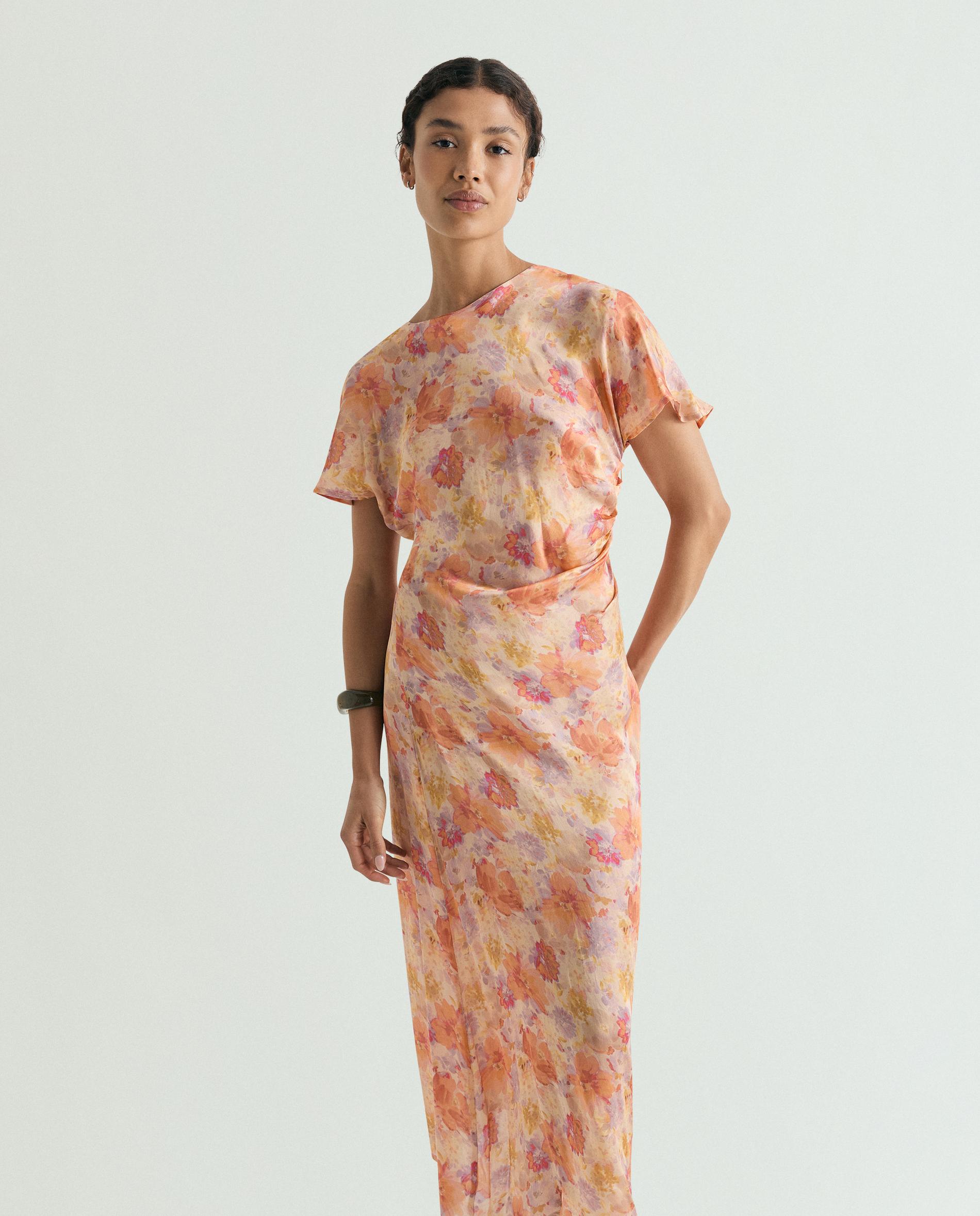 Vestido Comprido Estampado com Detalhe Drapeado Pêssego-2