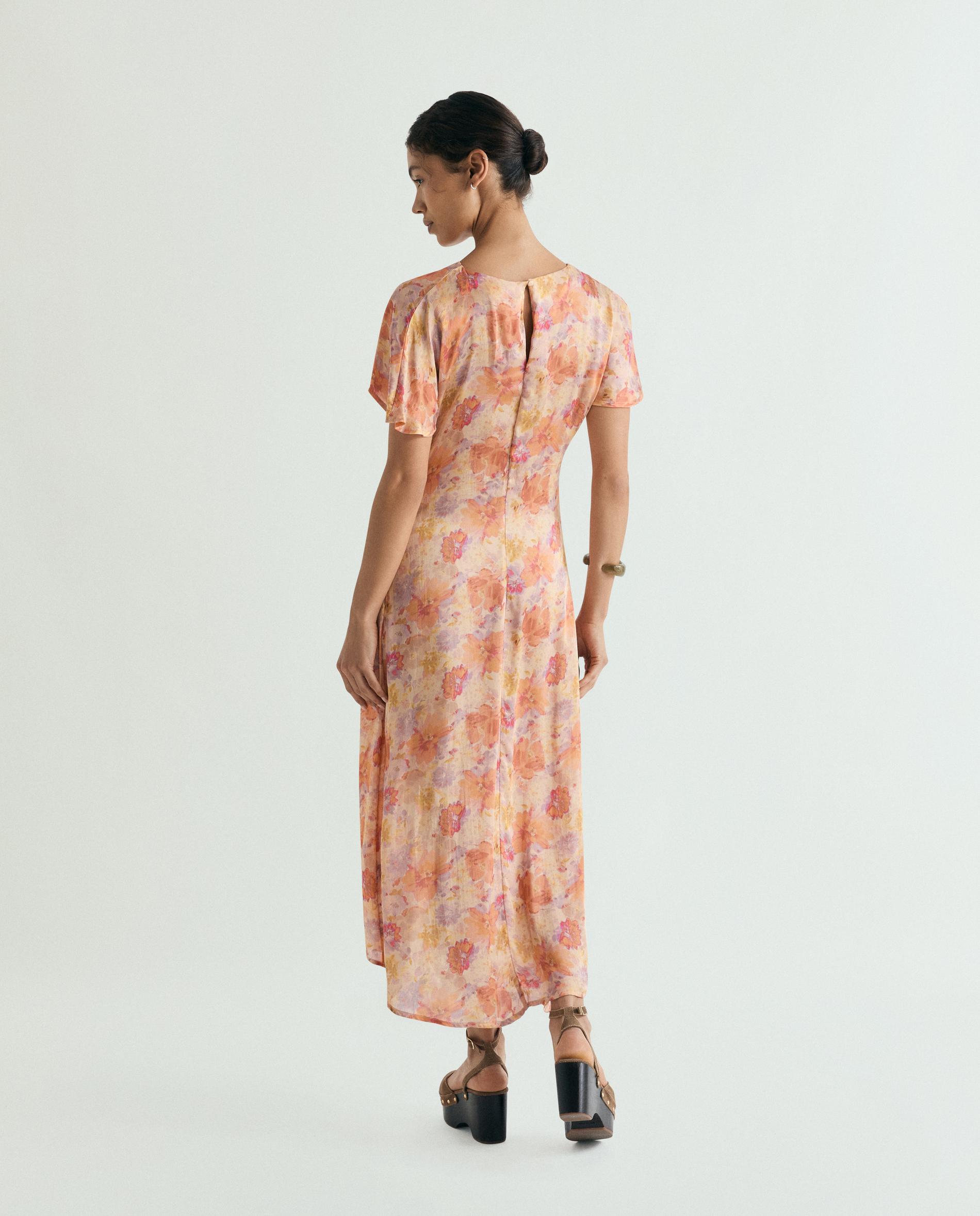 Vestido Comprido Estampado com Detalhe Drapeado Pêssego-3