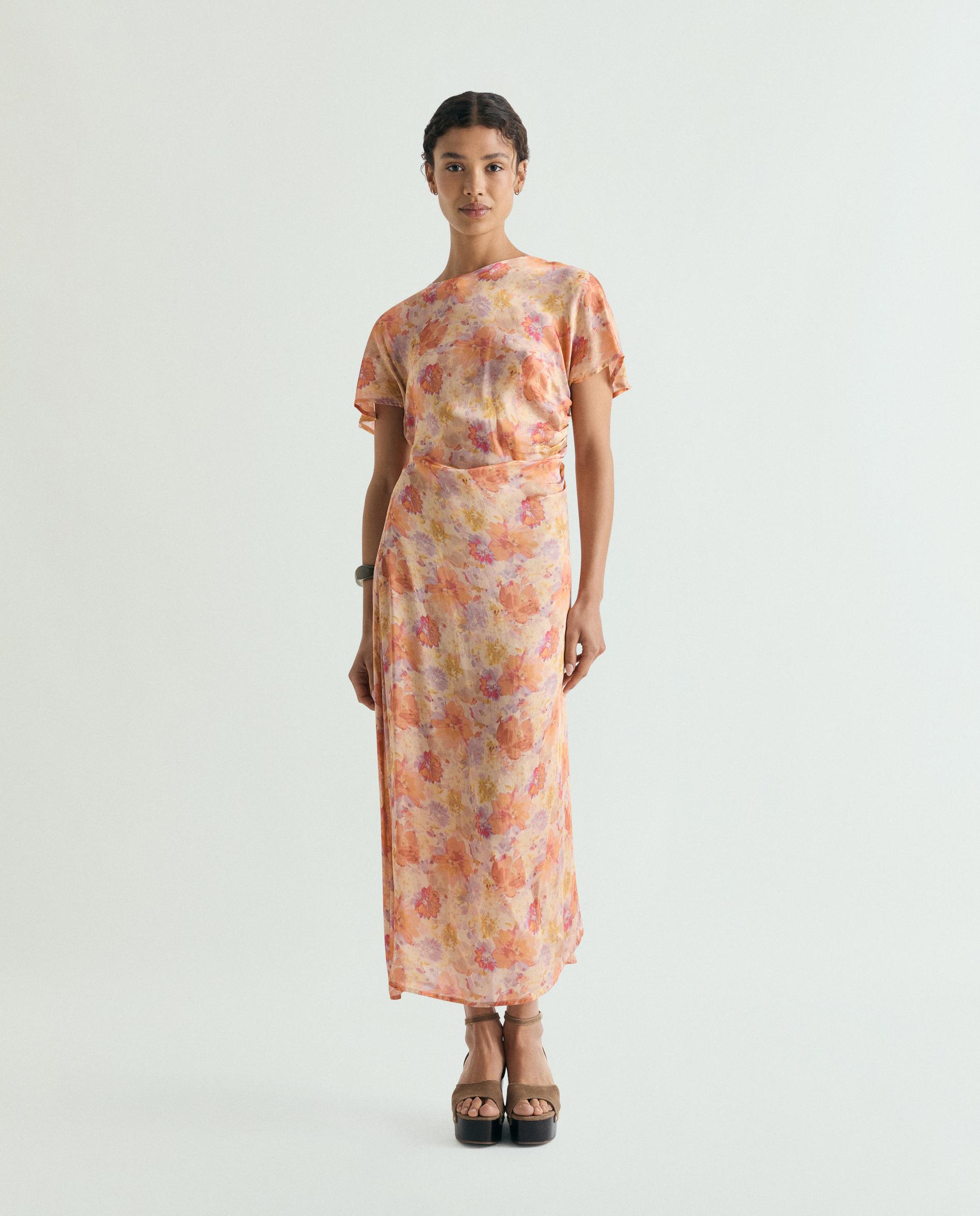 Vestido Comprido Estampado com Detalhe Drapeado Pêssego-4