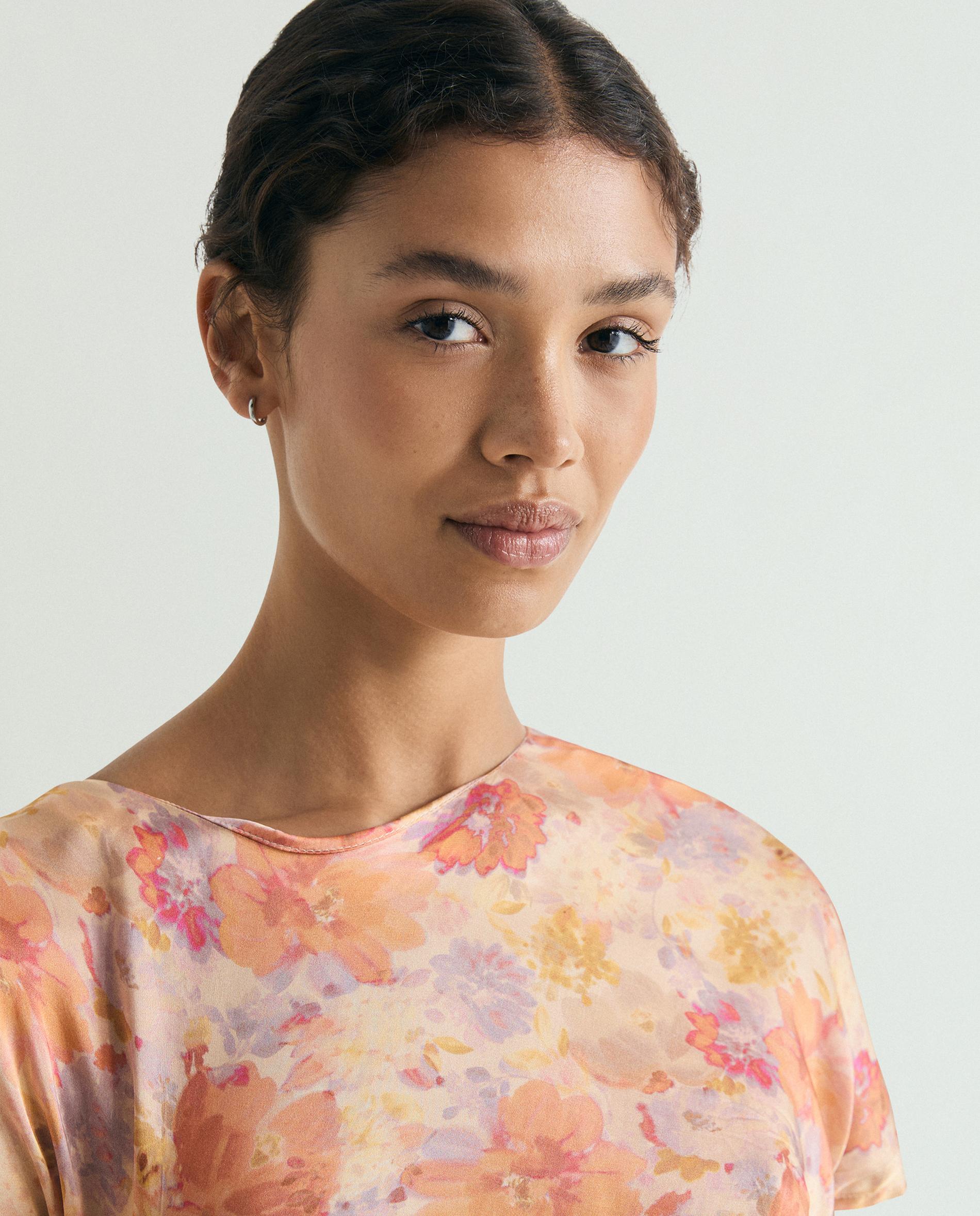 Vestido Comprido Estampado com Detalhe Drapeado Pêssego-5