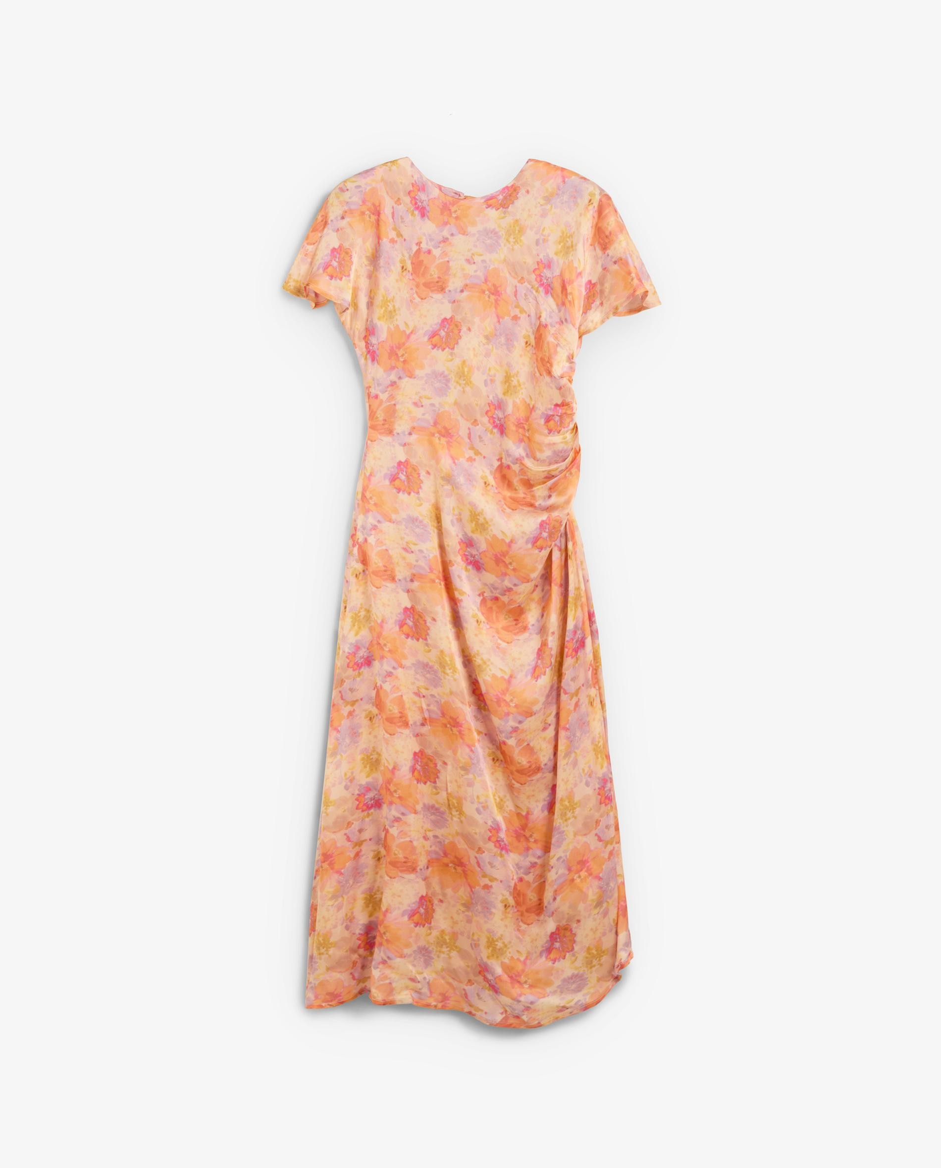 Vestido Comprido Estampado com Detalhe Drapeado Pêssego-6