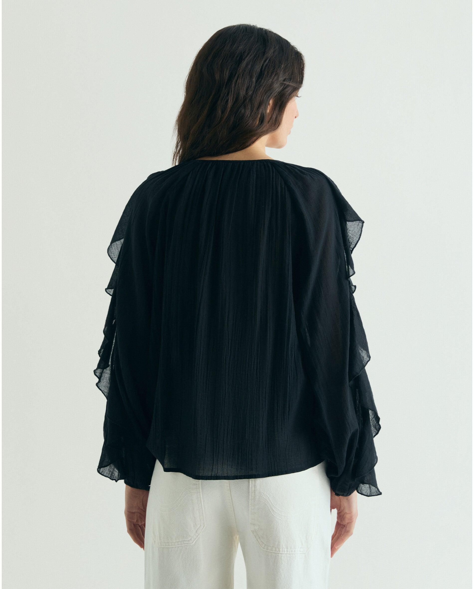 Blusa com Folhos e Mangas Ligeiramente Abalonadas Preto-2