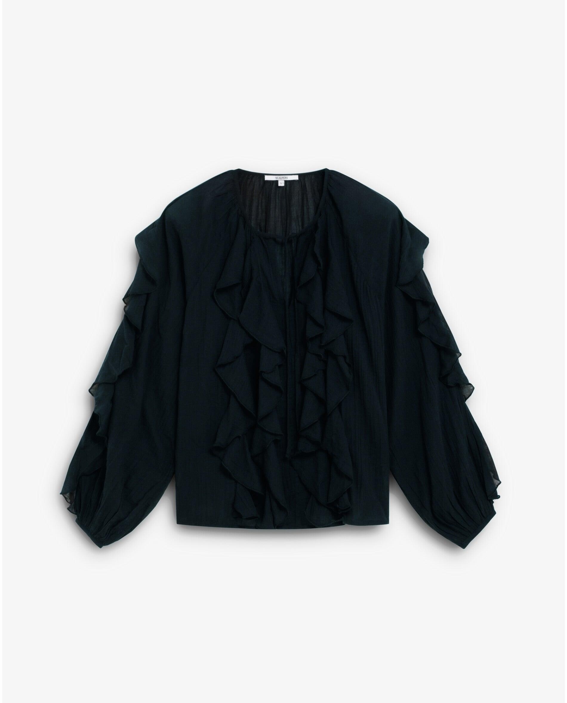 Blusa com Folhos e Mangas Ligeiramente Abalonadas Preto-4