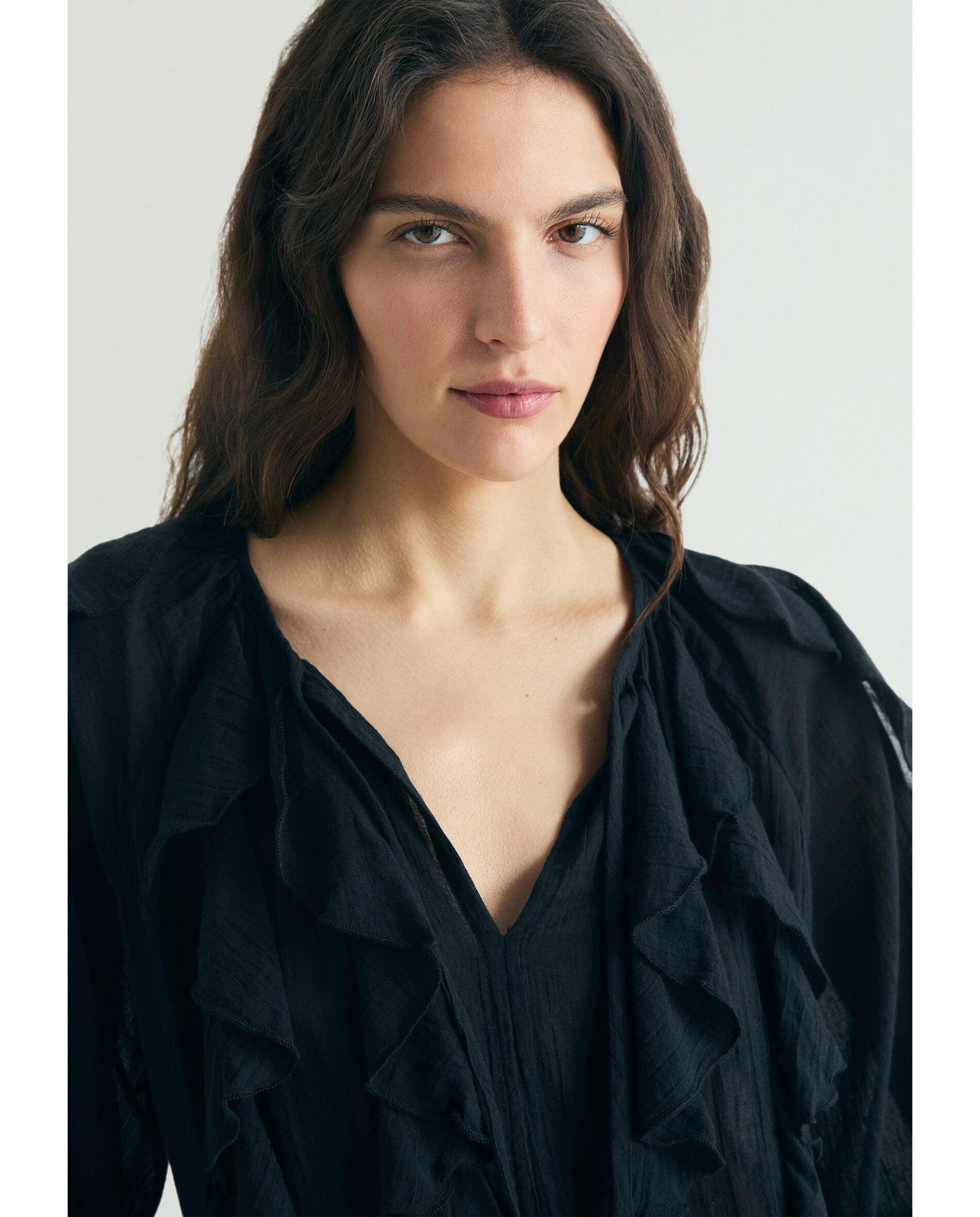 Blusa com Folhos e Mangas Ligeiramente Abalonadas Preto-6