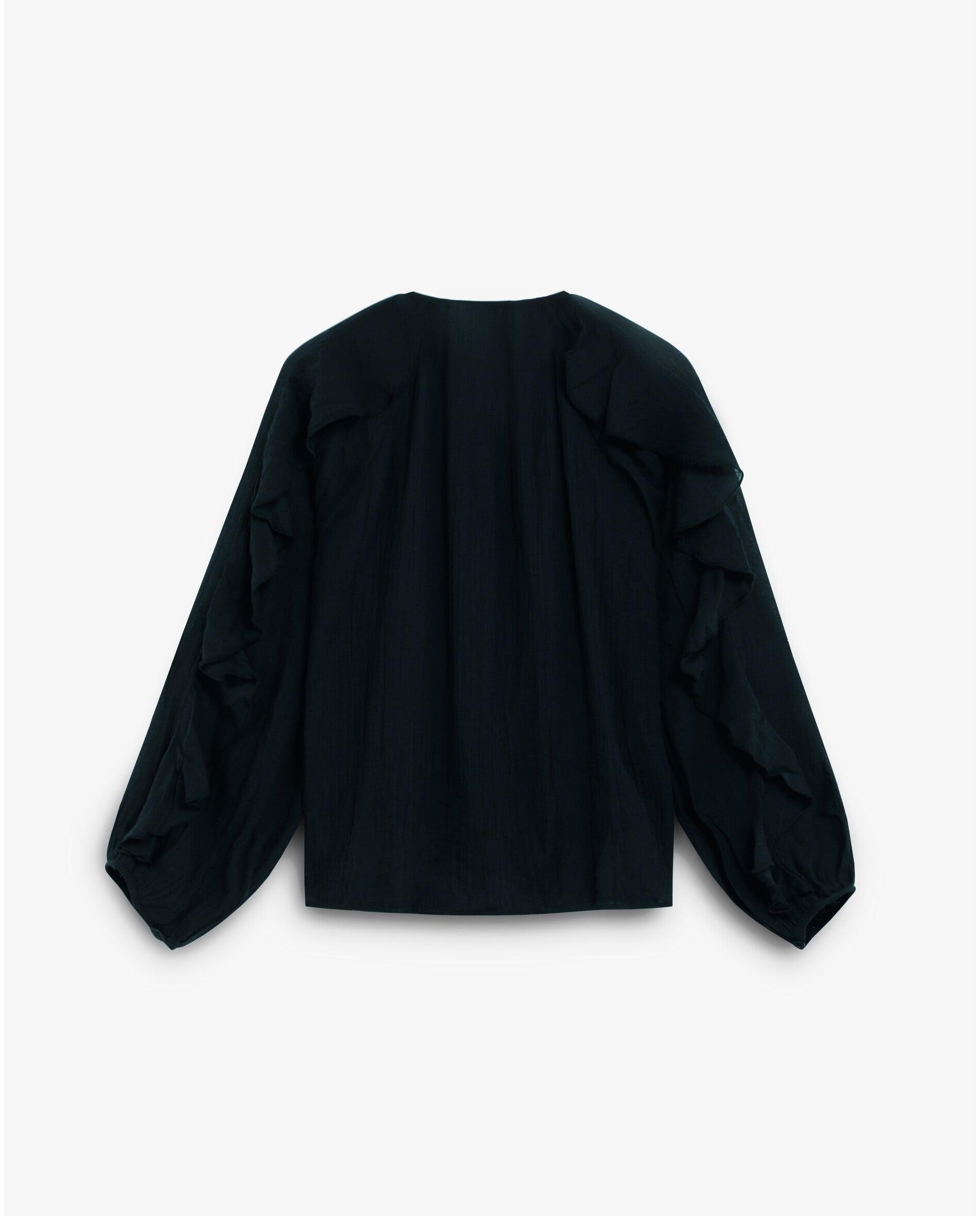 Blusa com Folhos e Mangas Ligeiramente Abalonadas Preto-5