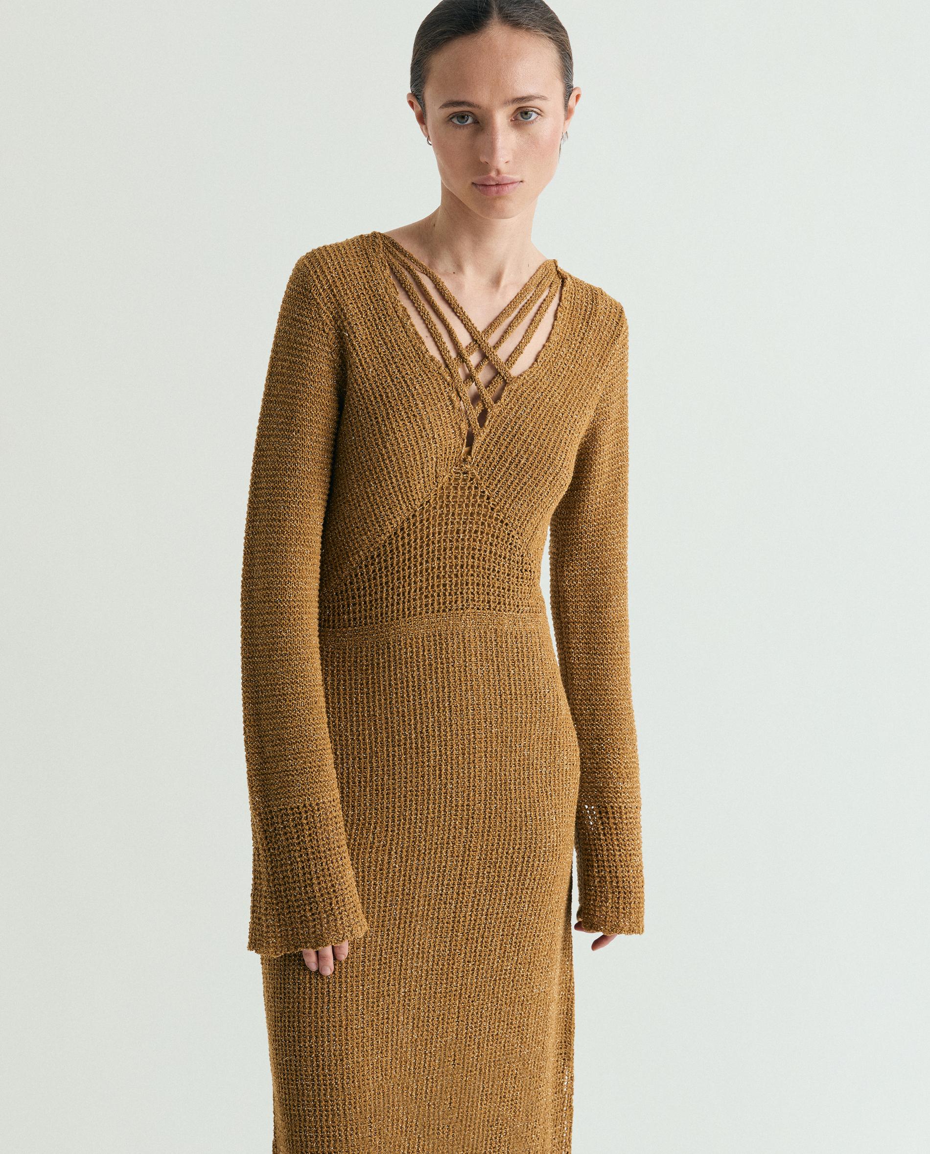 Vestido Comprido de Malha com Mangas Ligeiramente À Boca de Sino Ouro-2