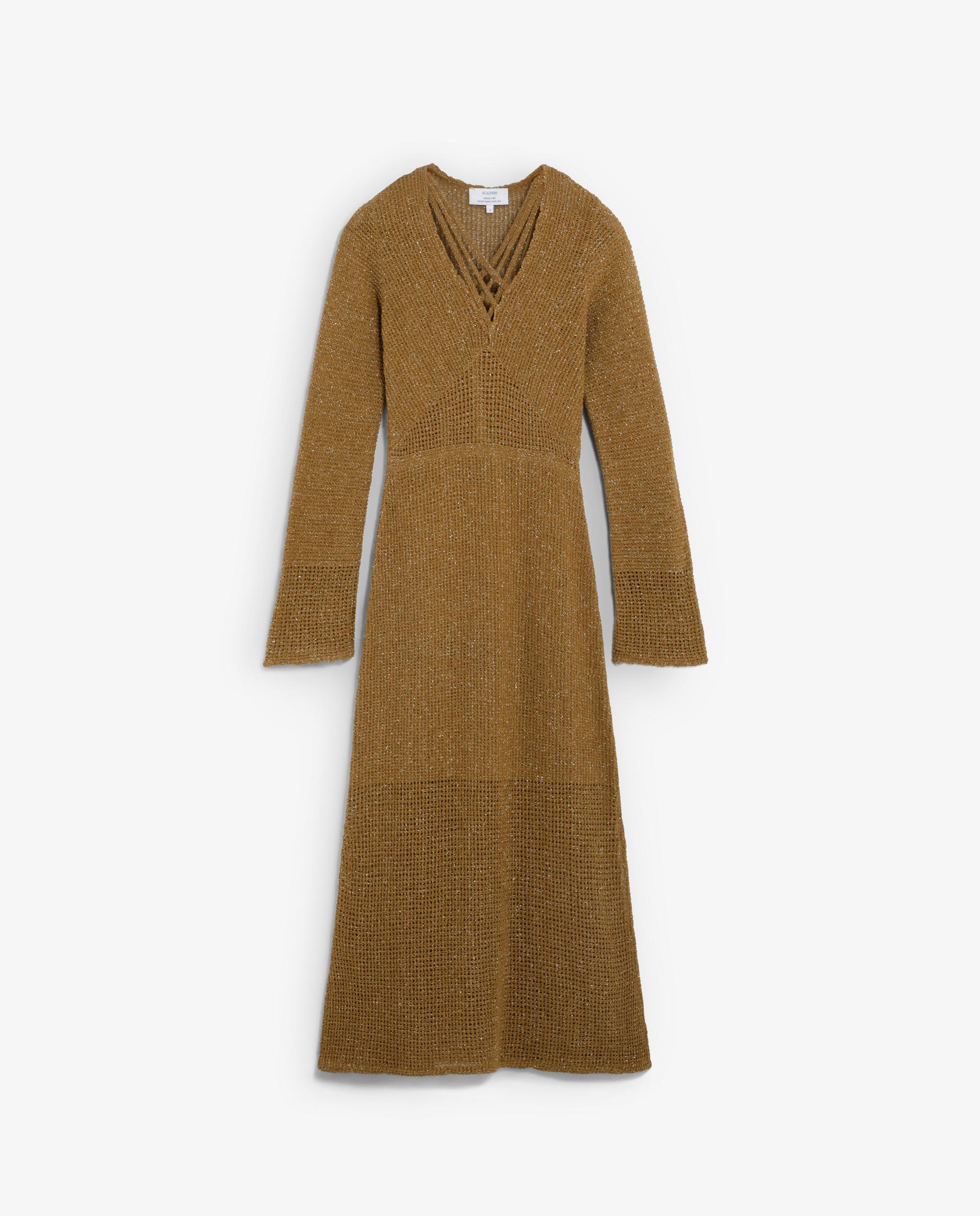 Vestido Comprido de Malha com Mangas Ligeiramente À Boca de Sino Ouro-4