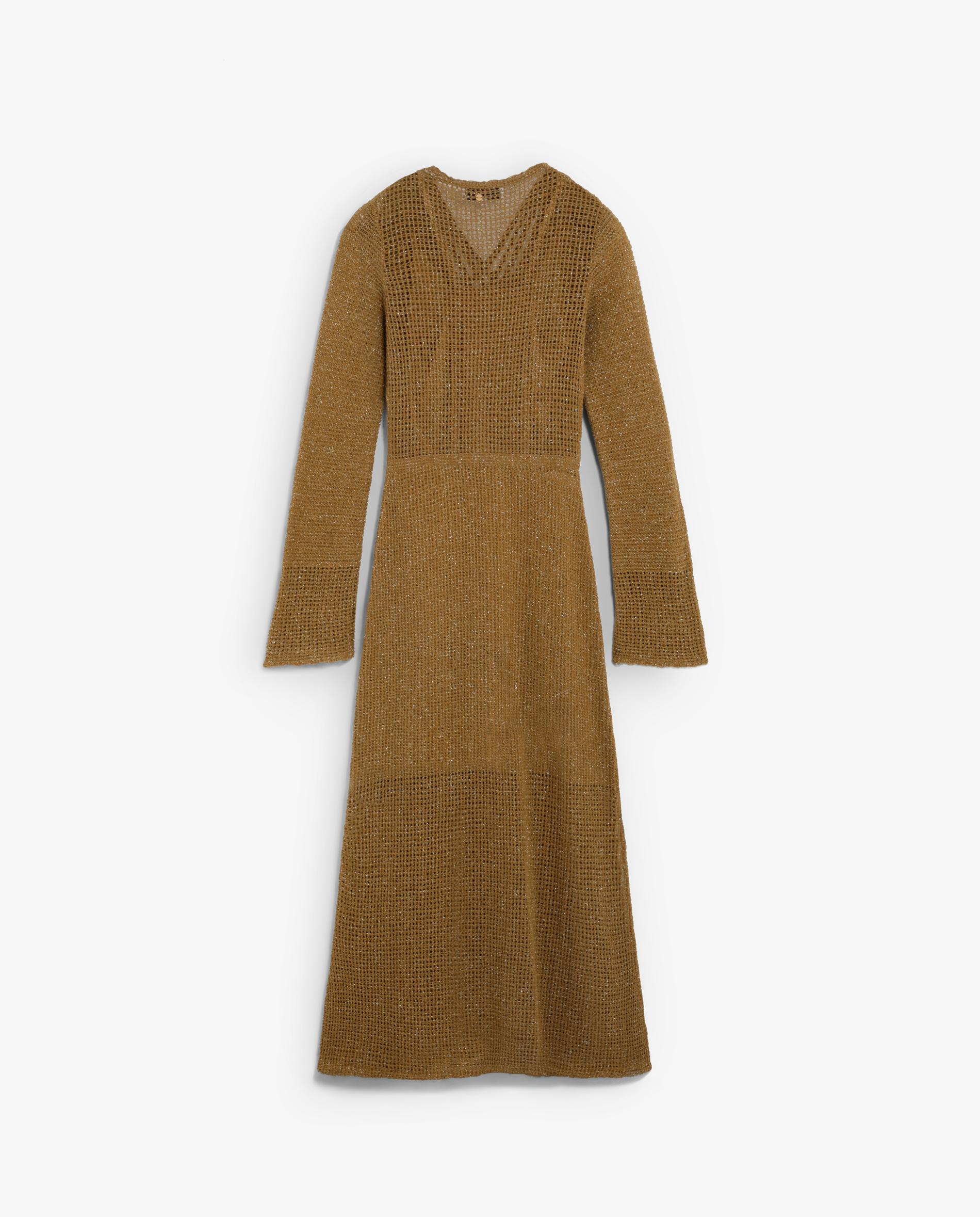 Vestido Comprido de Malha com Mangas Ligeiramente À Boca de Sino Ouro-5