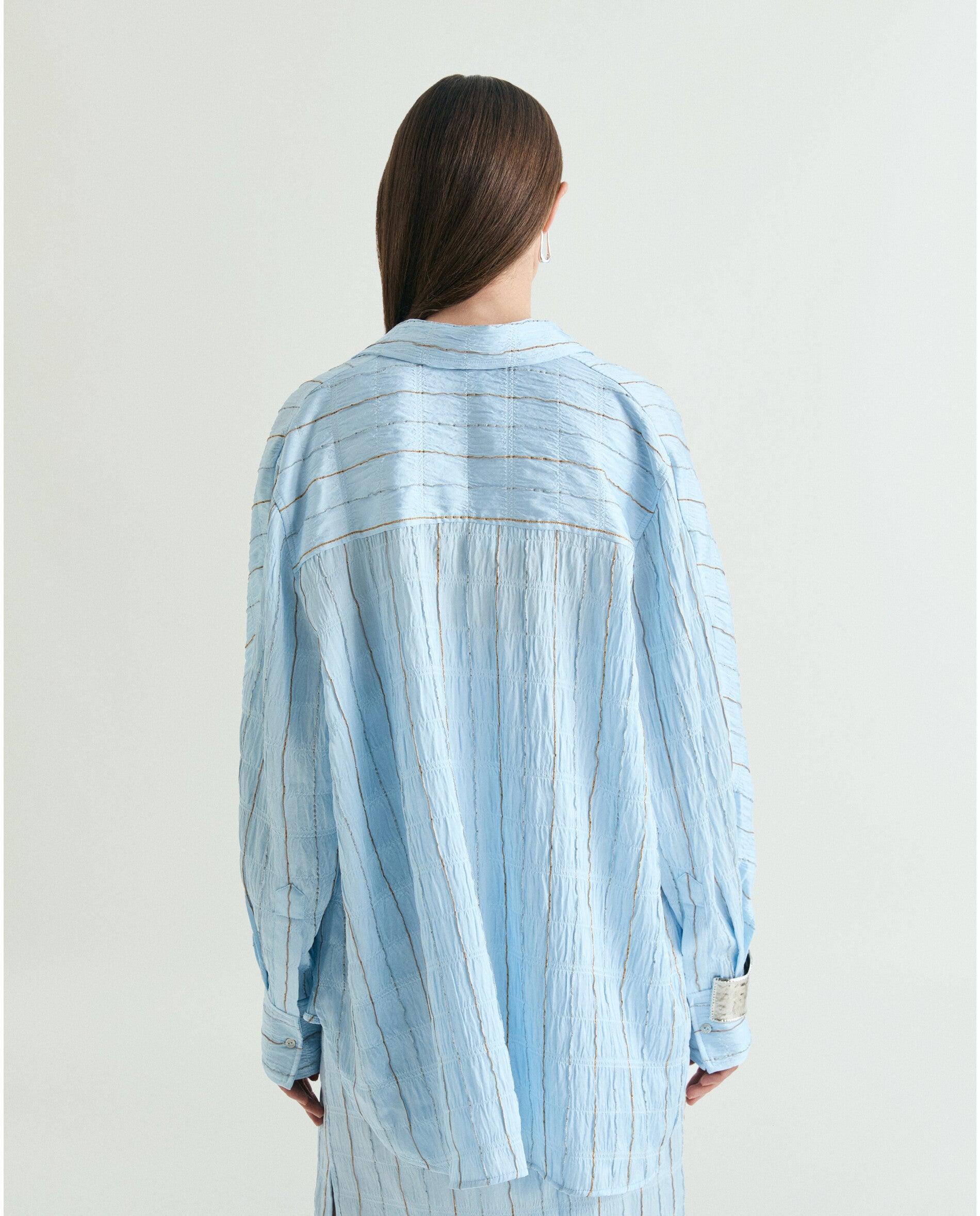 Camisa em Tecido com Textura e Fio Metalizado Azul-claro-2