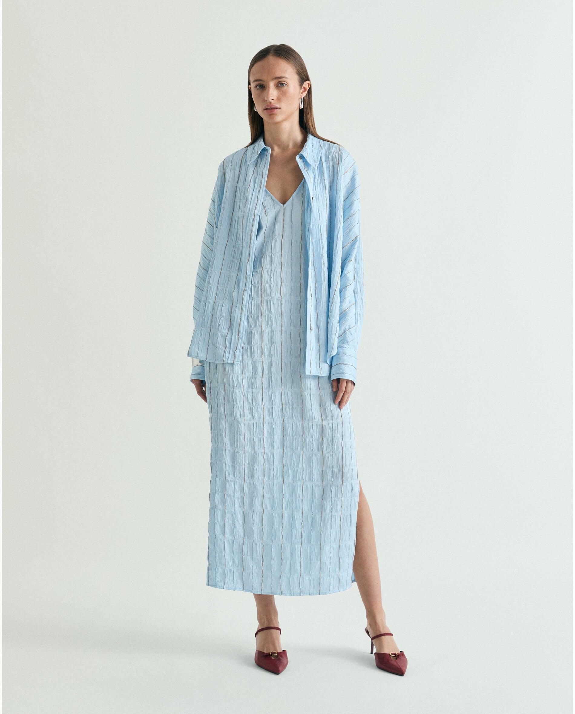 Camisa em Tecido com Textura e Fio Metalizado Azul-claro-3
