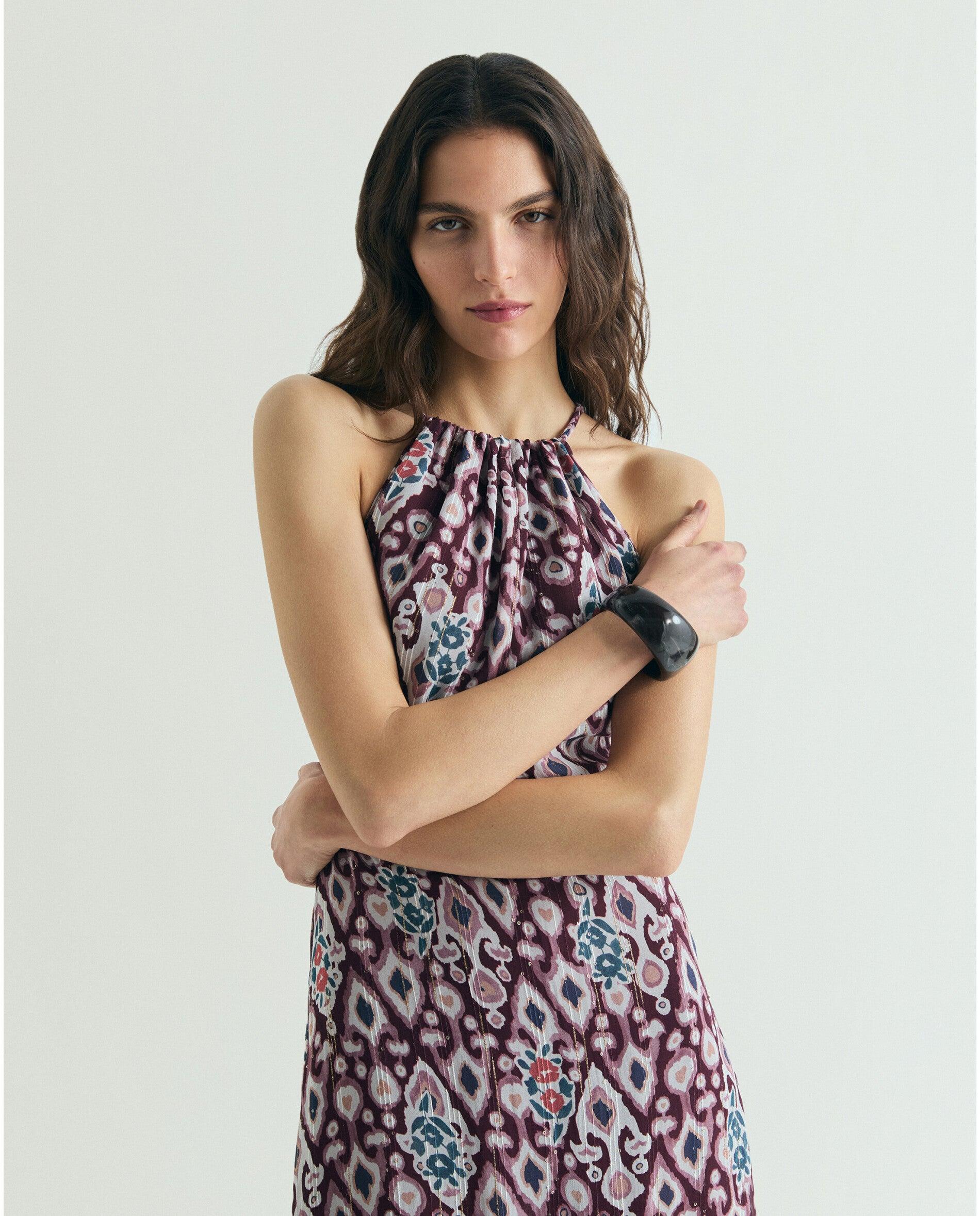 Vestido Midi Estampado com Gola Halter Bordeaux-2