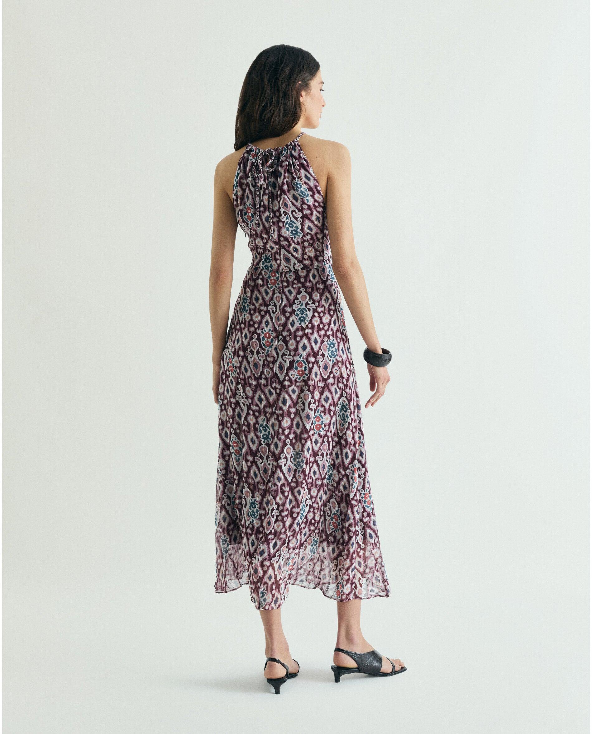 Vestido Midi Estampado com Gola Halter Bordeaux-3