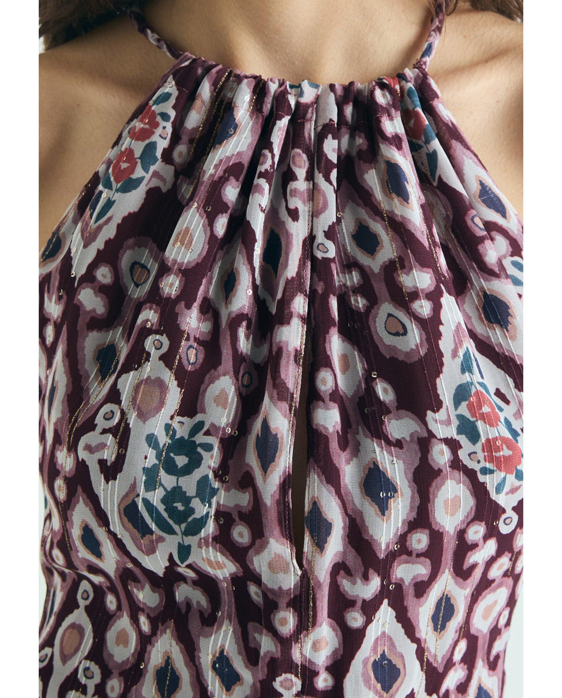Vestido Midi Estampado com Gola Halter Bordeaux-4