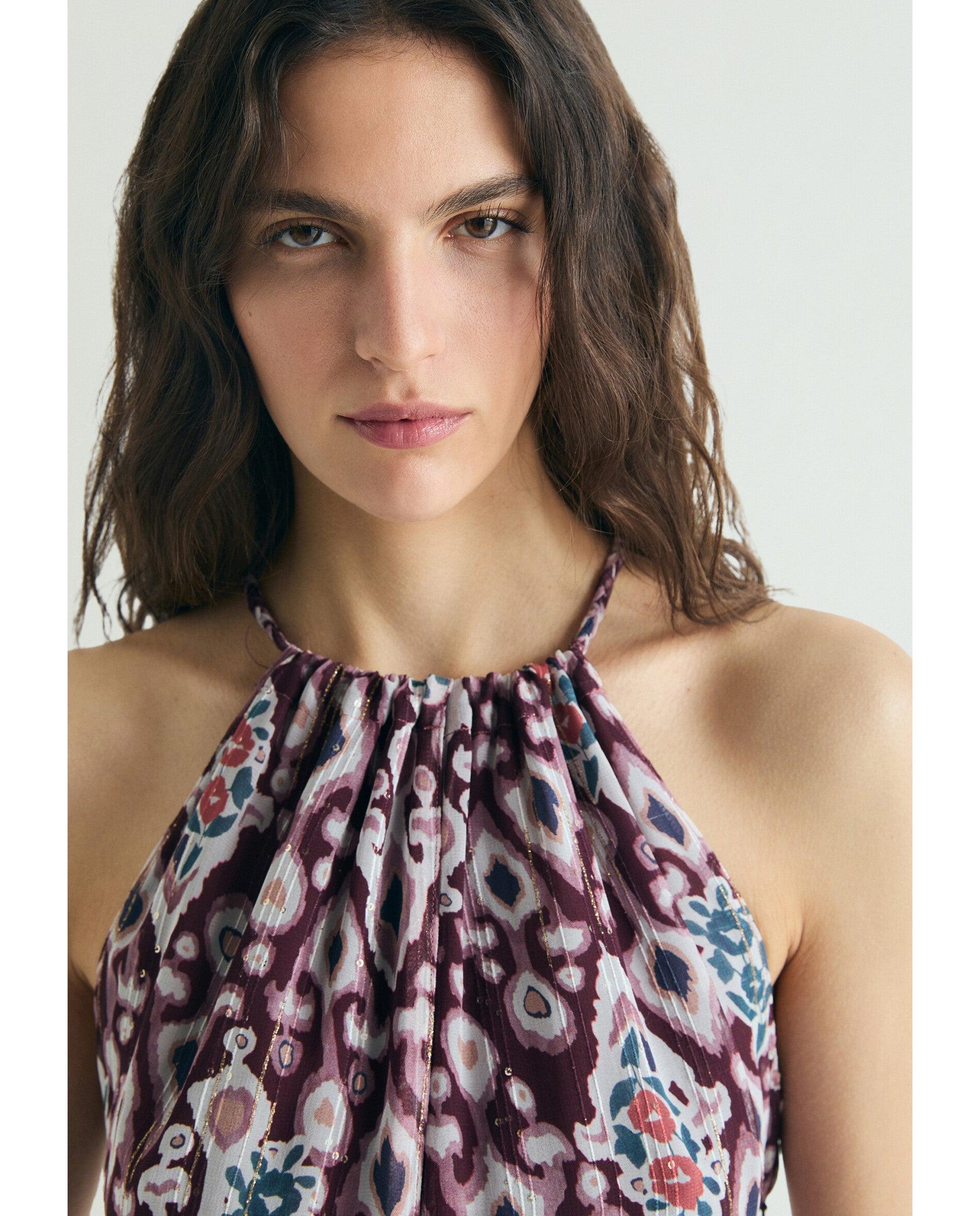 Vestido Midi Estampado com Gola Halter Bordeaux-5