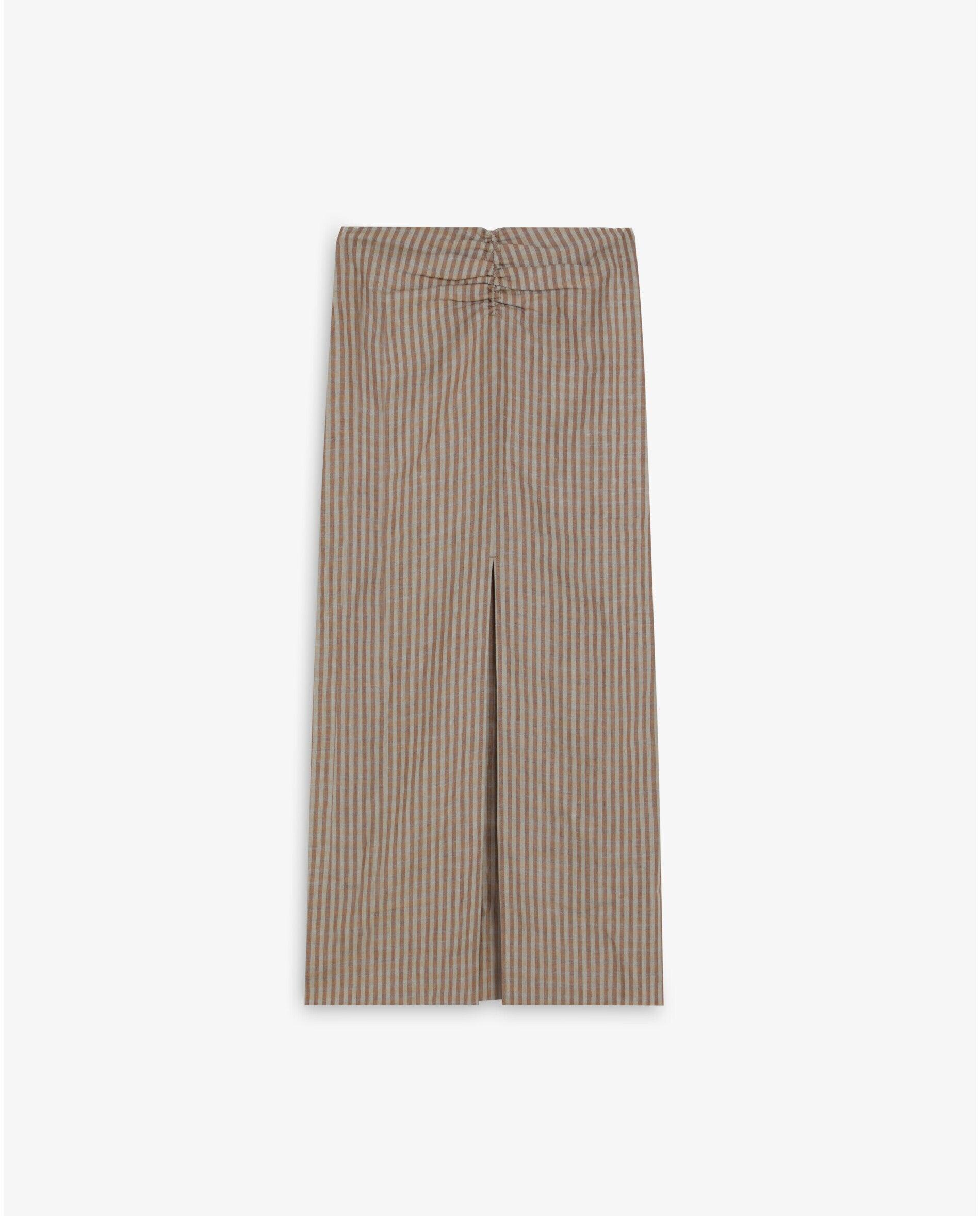 Saia Midi de Linho Às Riscas Camel-5