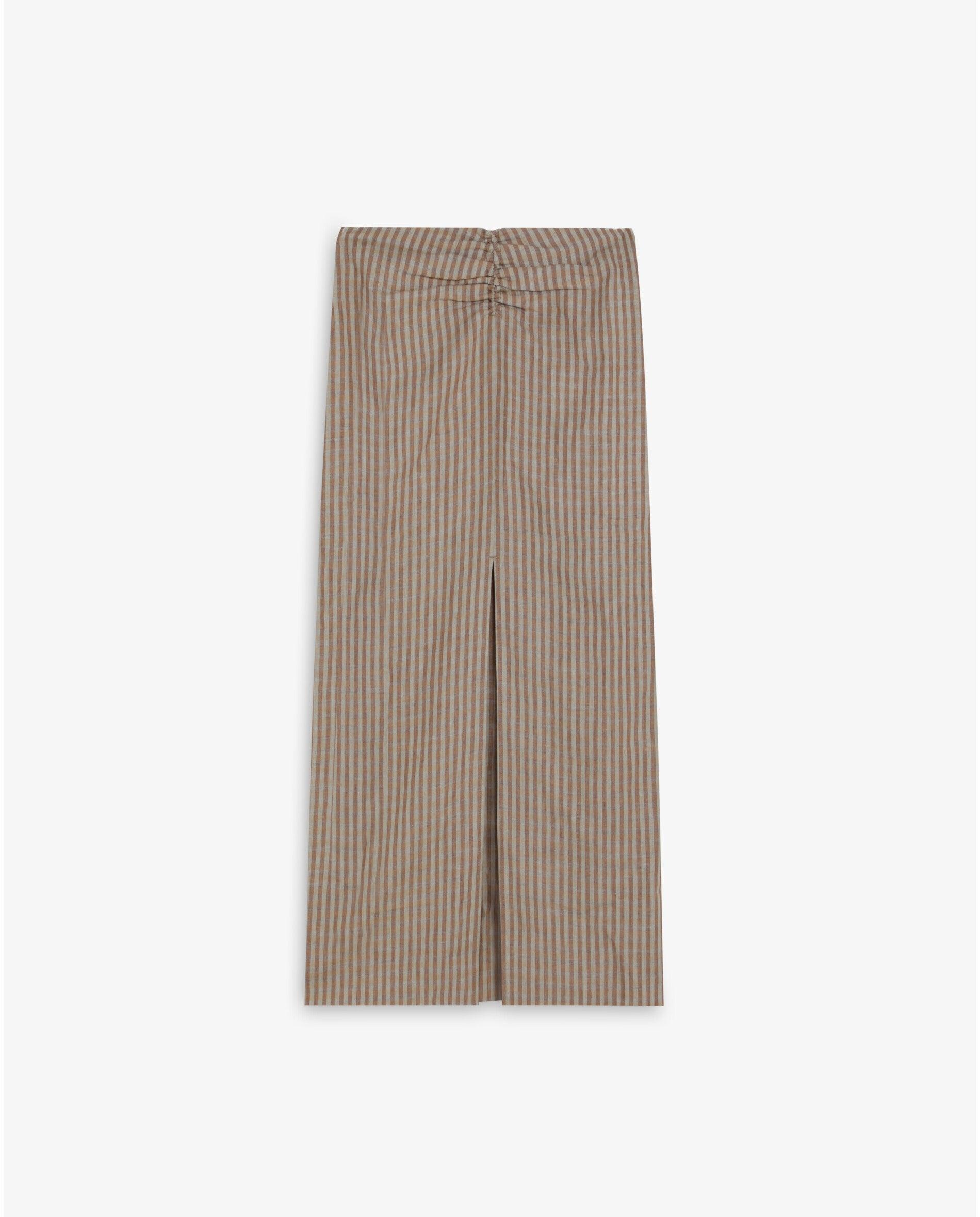 Saia Midi de Linho Às Riscas Camel-5