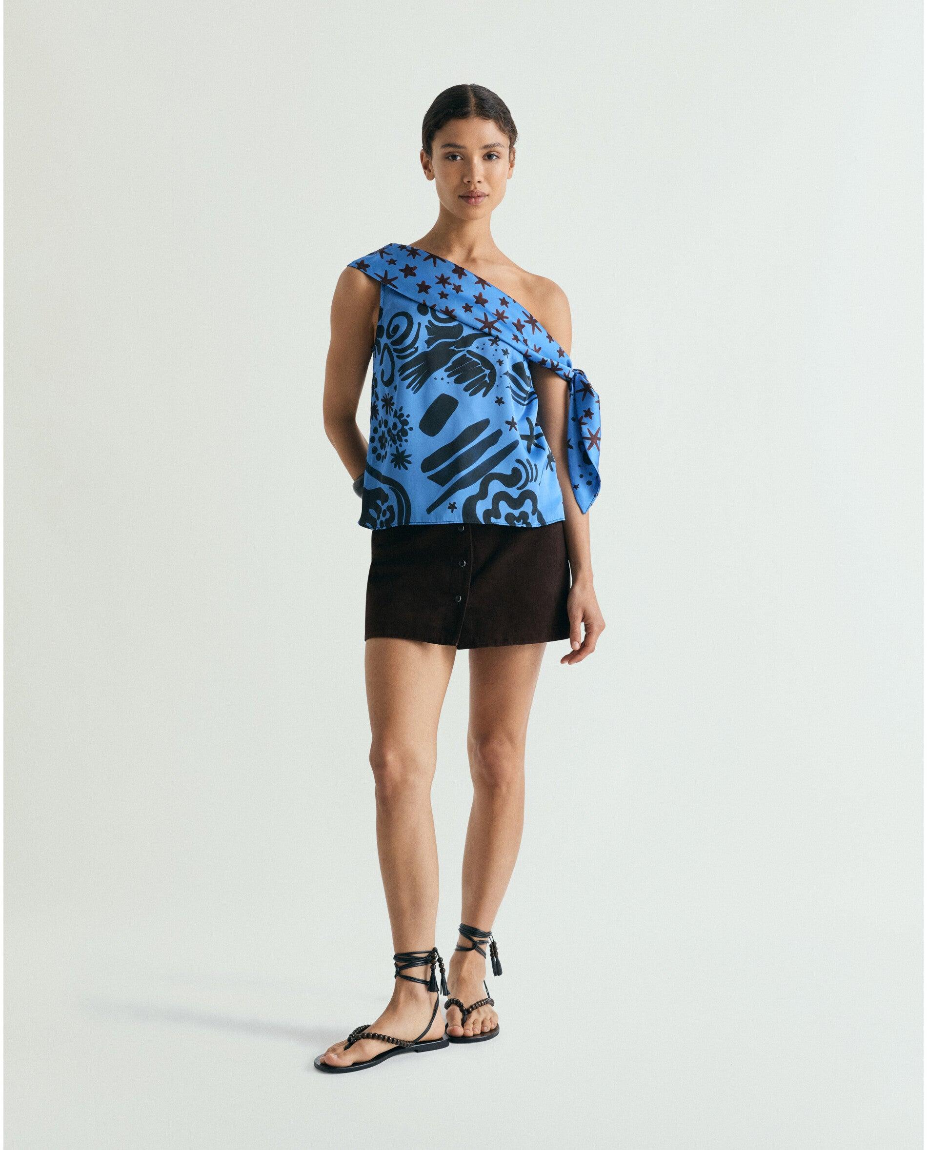 Top Estampado com Decote Assimétrico Azul-3