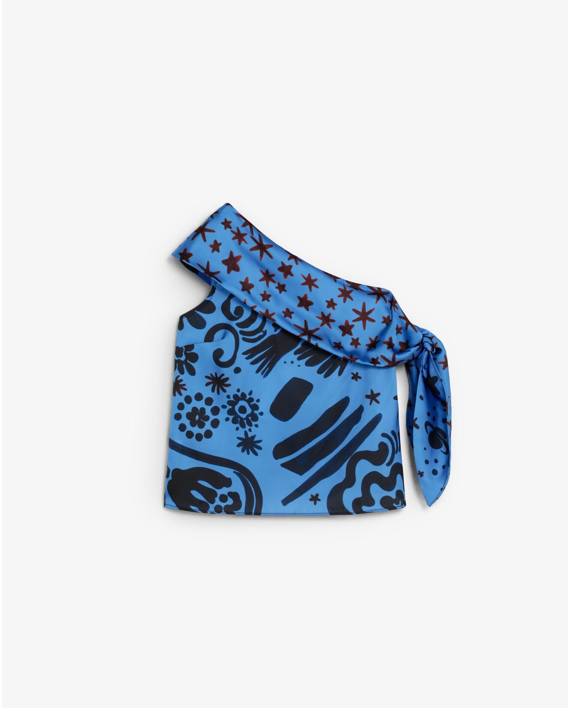 Top Estampado com Decote Assimétrico Azul-5