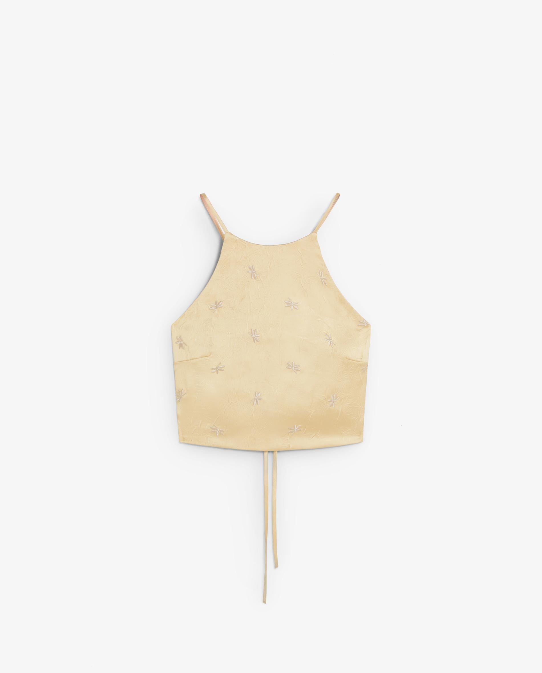 Top Acetinado com Bordado de Flores Amarelo-1