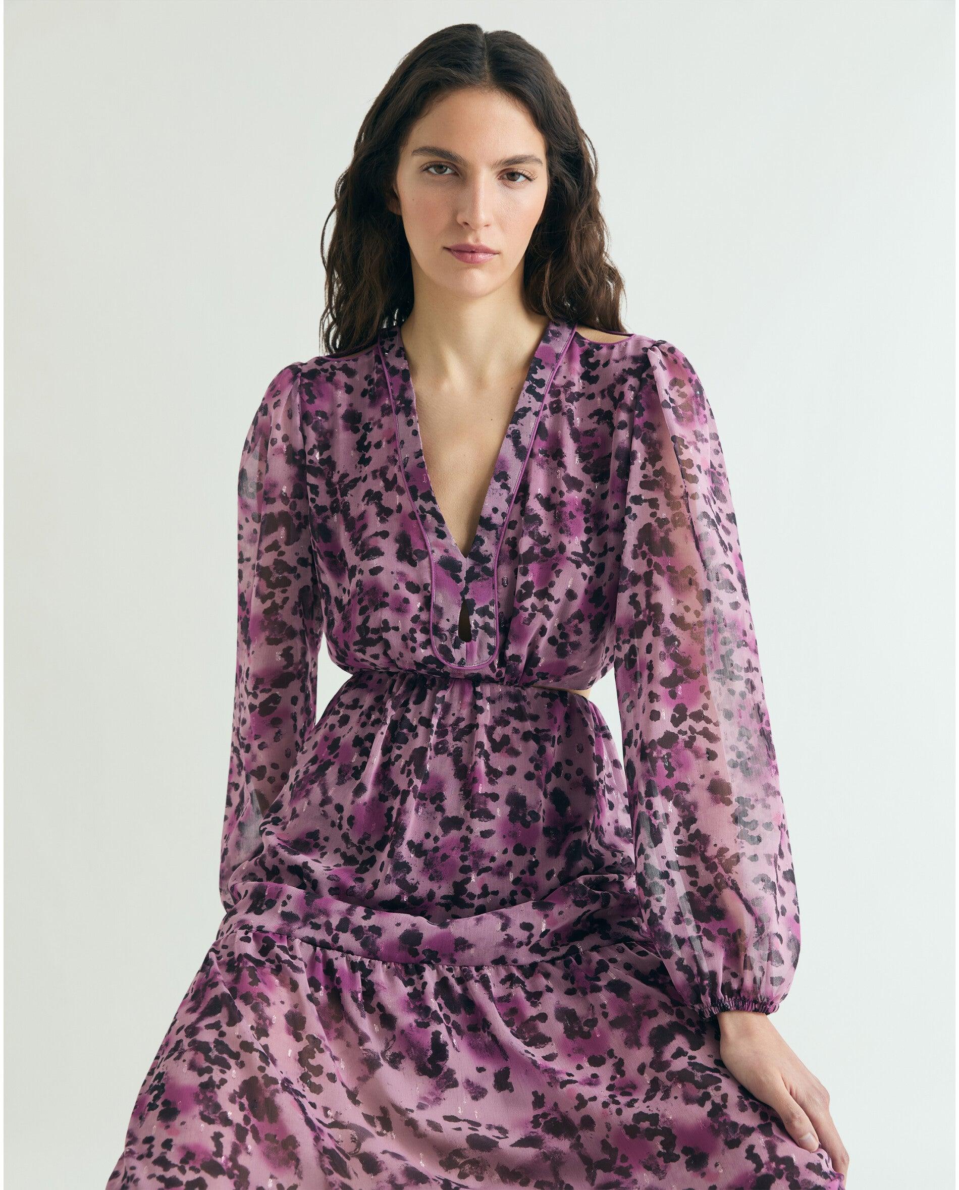 Vestido Comprido Estampado com Aberturas Roxo-2