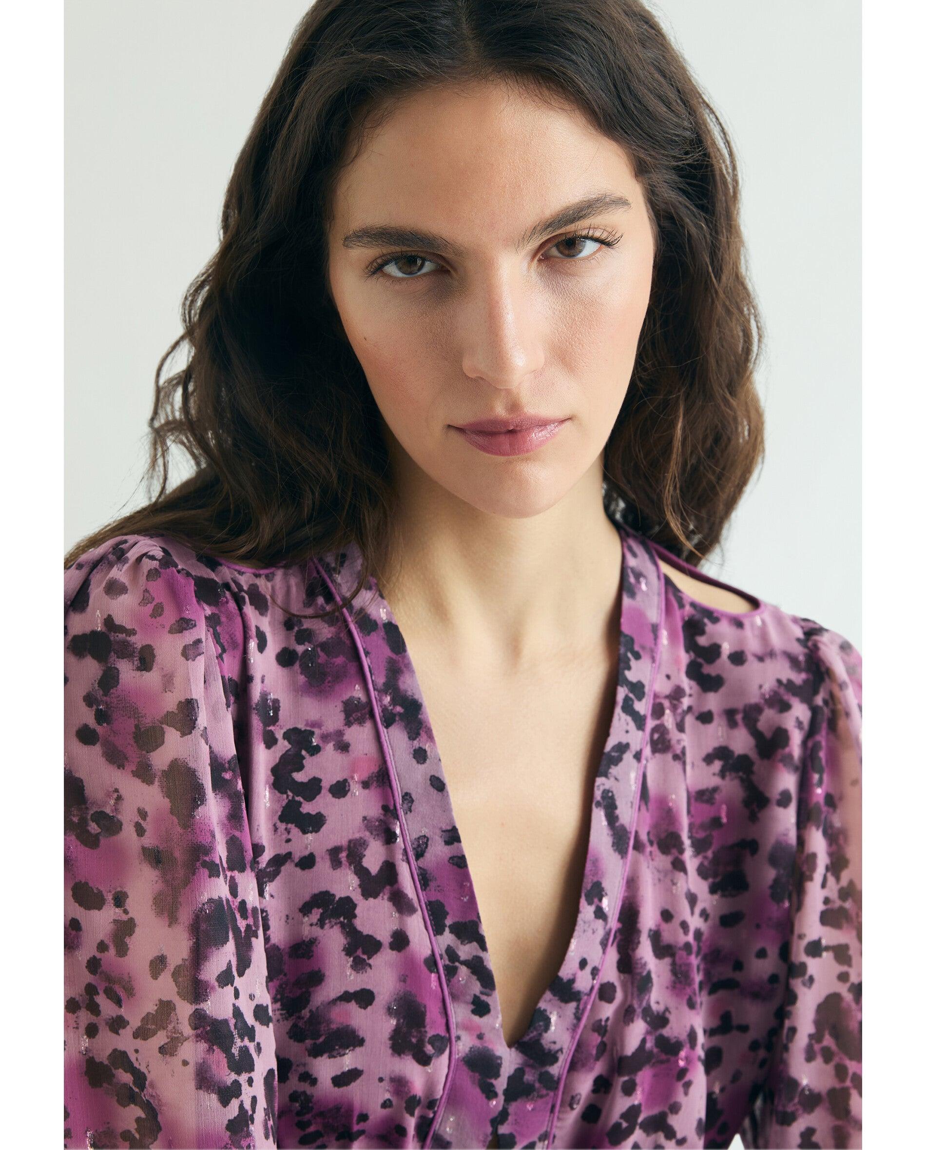 Vestido Comprido Estampado com Aberturas Roxo-4